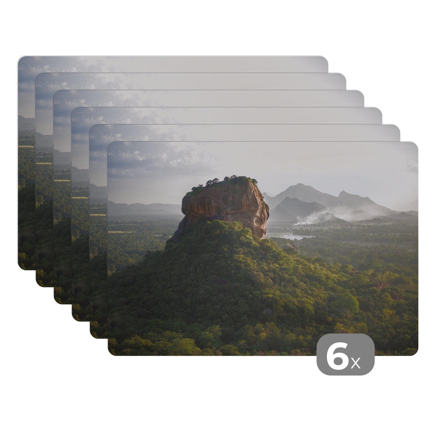 Platzset, Sonnenuntergang hinter dem Sigiriya in Sri Lanka, MuchoWow, (6-St), Platzset, Platzdecken, Platzmatte, Tischmatten, Schmutzabweisend