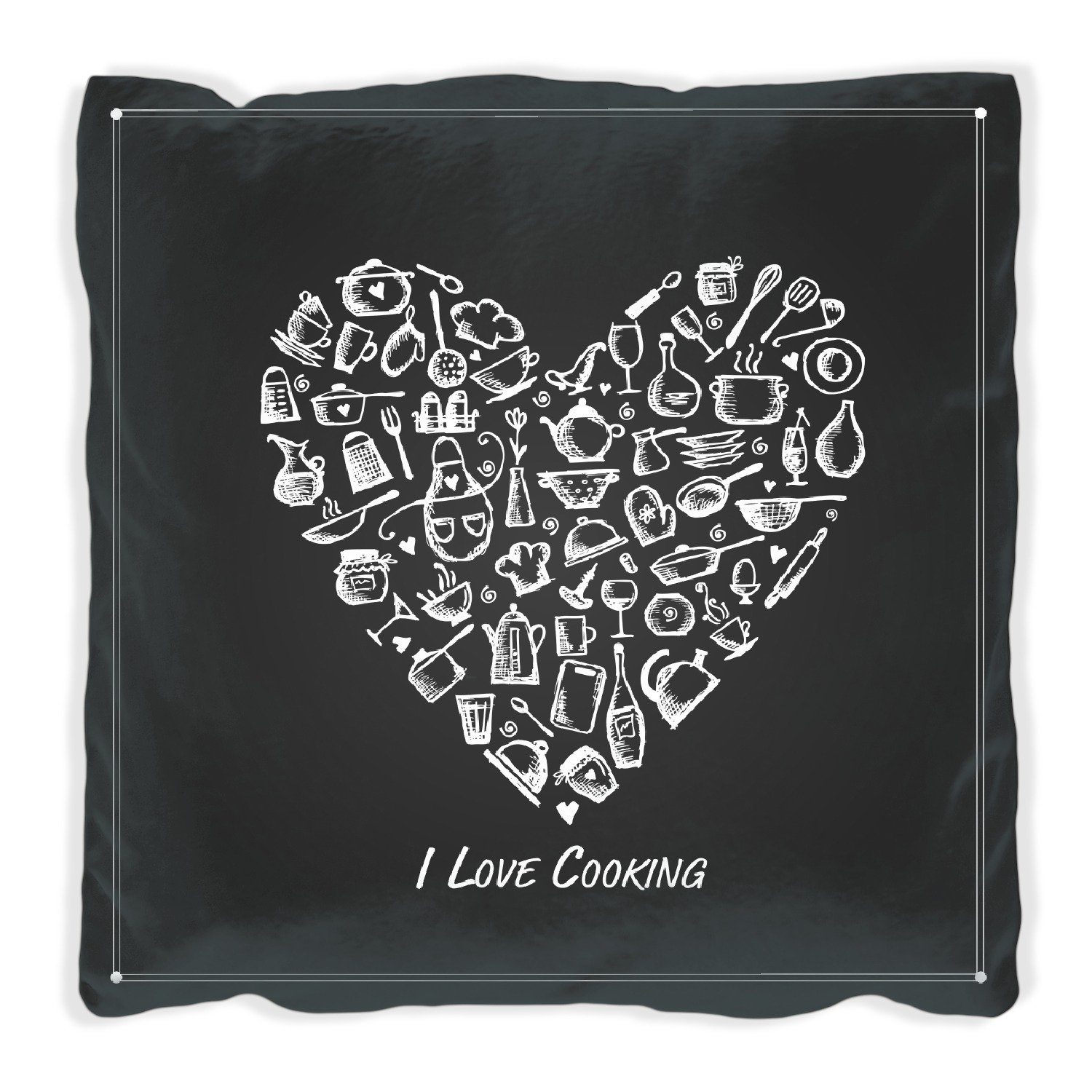 Wallario Dekokissen I Love Cooking - Herz aus Küchenutensilien in schwarz weiß, handgenäht