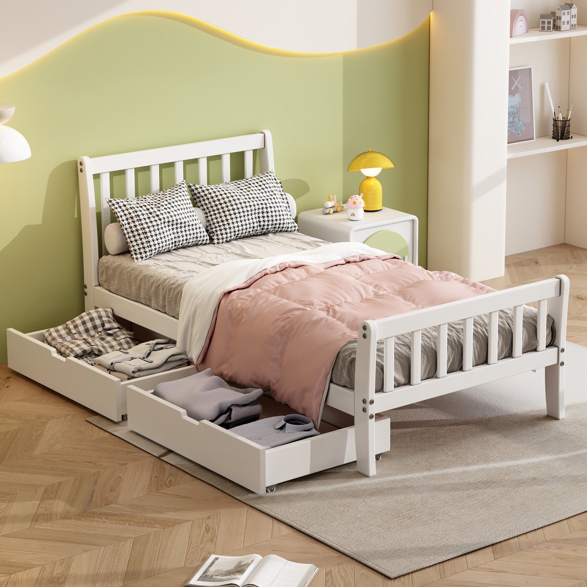 Fangqi Holzbett Modernes Einzelbett mit 2 Schubkästen 90/140 x 200 cm (Praktisches Jugendzimmer Bett aus weißem Massivholz), 25cm hohe Füße, geeignet für Jungen und Mädchen