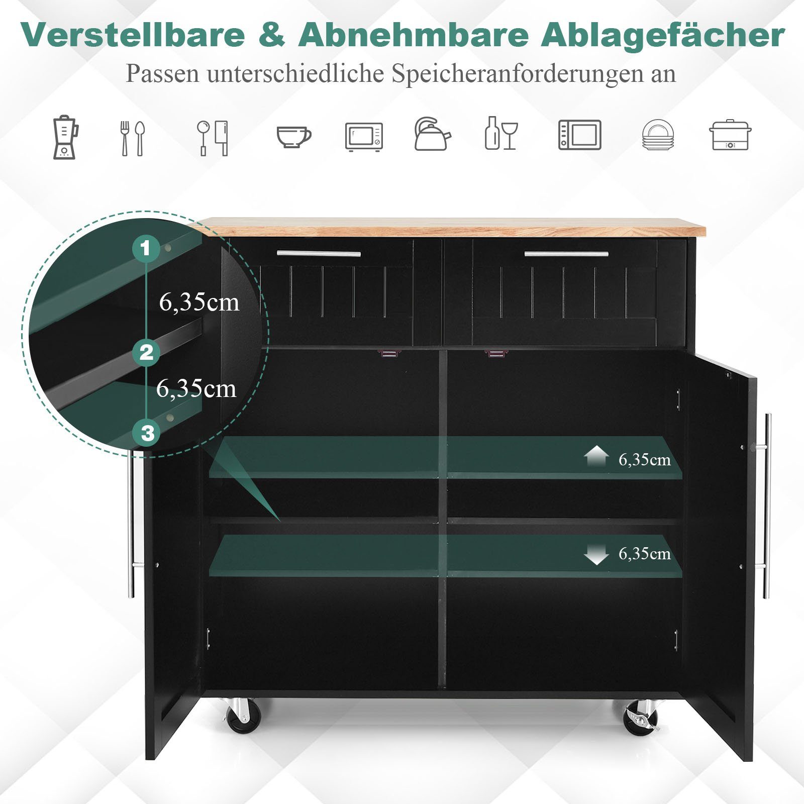 COSTWAY Küchenwagen mit Arbeitsplatte, Schubladen, Rollen, günstig online kaufen