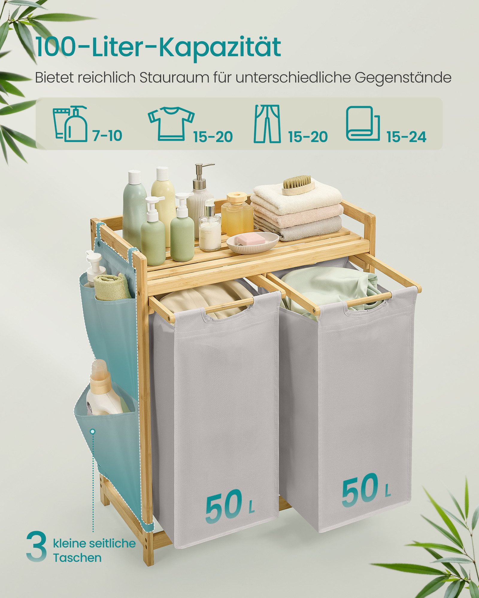 SONGMICS Wäschekorb, 2/3/4 Fächer, Bambus, Wäschesammler 100/150/200 L, Wäschesortierer