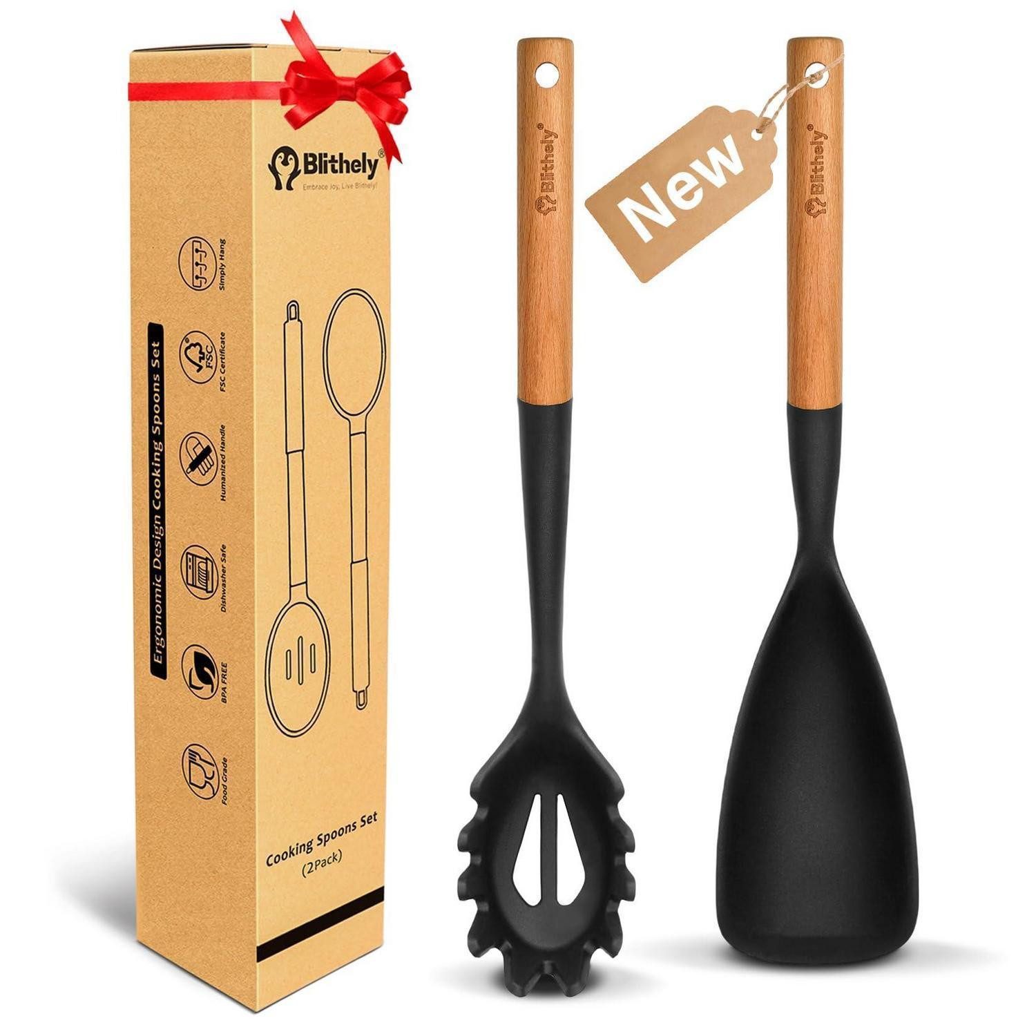 LuxusKollektion Küchenspachtel Silikon Kochlöffel & Nudelgabel Set 2er Schwarz