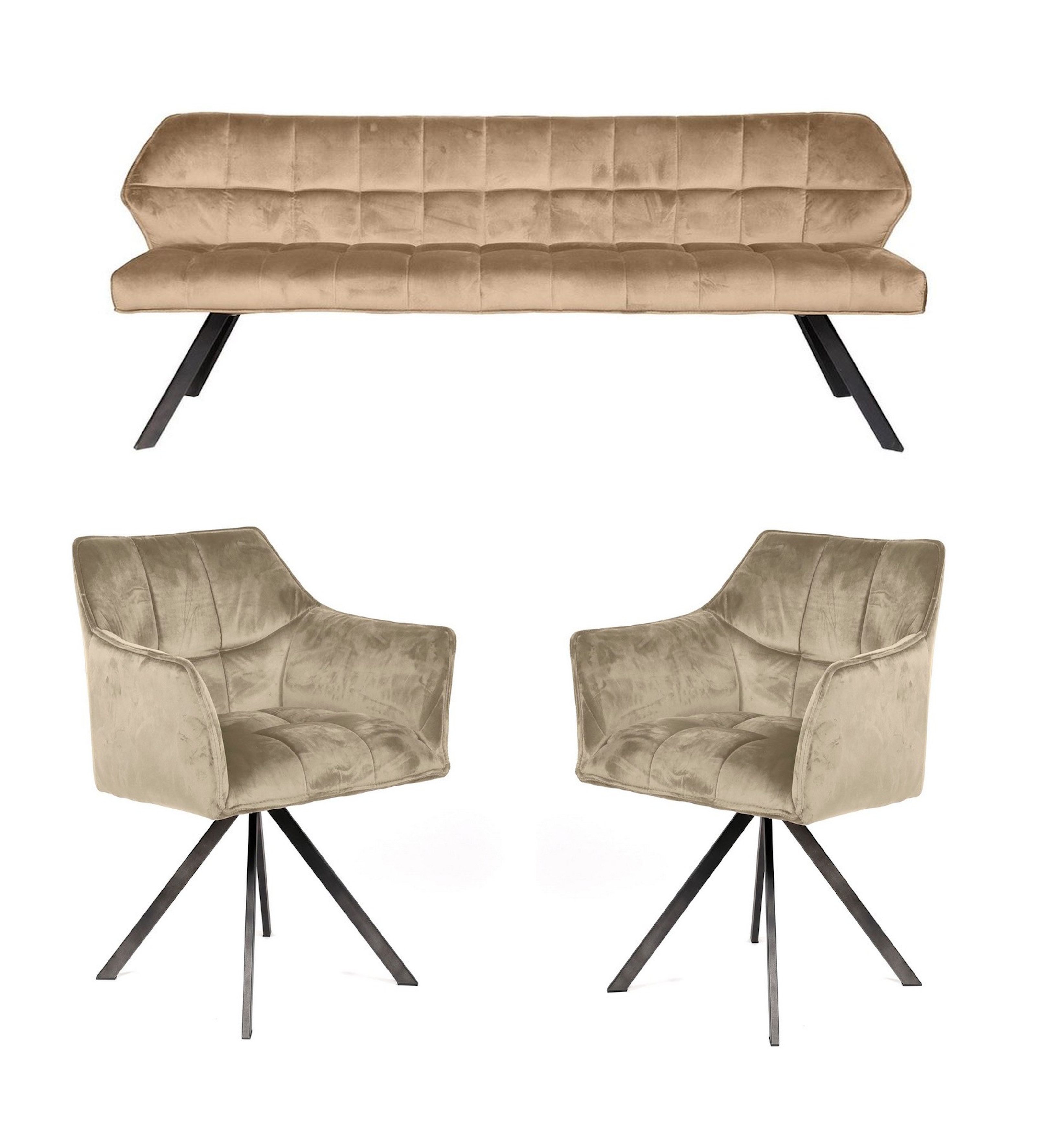 Vintagehaus Essbank Essgruppe Esstischbank + 2 Armlehnstühle Samt/Strukturstoff Raster (3 teiliges Set), Frei im Raum aufstellbar