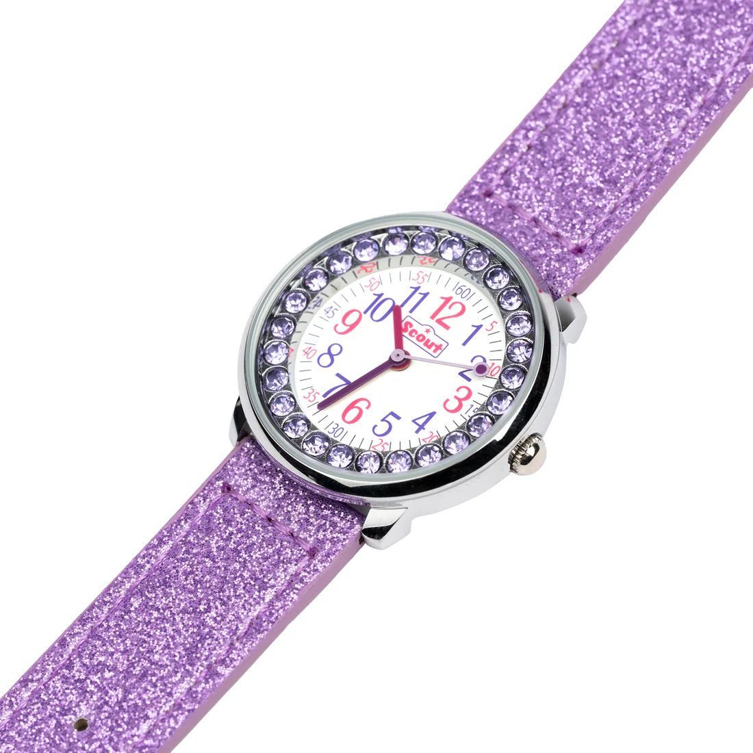 Scout Quarzuhr Kinderuhr Mädchen 164000047 Lila Glitzersteine Kunstlederband 30 mm