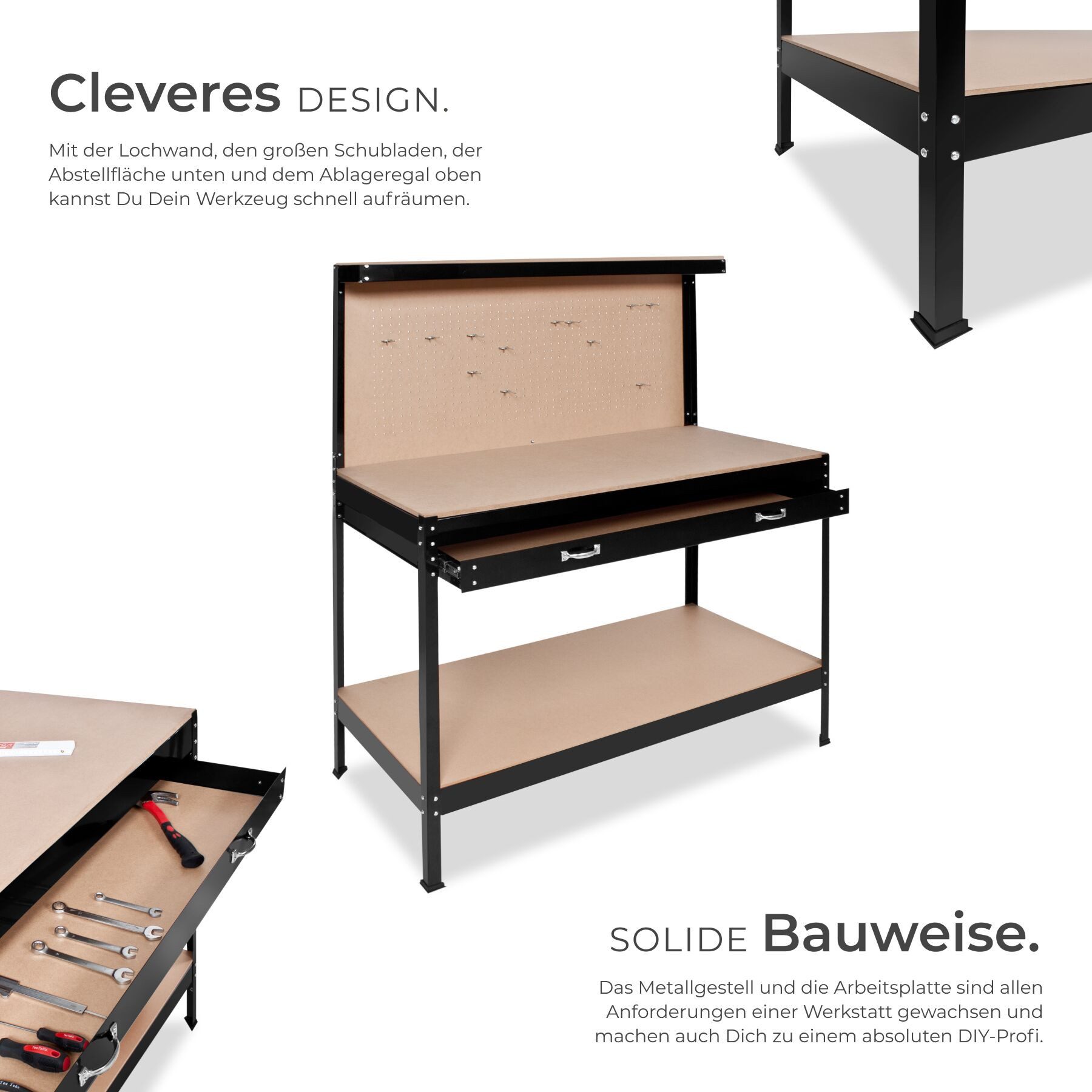 tectake Werkbank Werktisch mit Lochwand, große Schublade, 120 x 60 x 156 cm, (Werkzeugwand), 12 Haken, 2 Ablagen, Kunststoffkappen an den Füßen – Bild 3 von 5