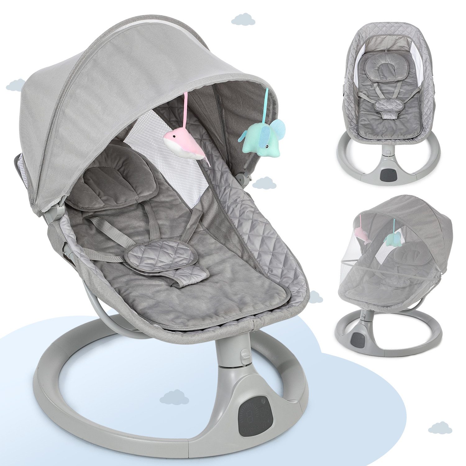 oyajia Babywippe Elektrische Komfort-Babywippe mit Fernbedienung, Musik Insektenschutz, mit Schwung in 5 Geschwindigkeiten, Moskitonetz,Fernbedienung max.9kg
