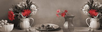 wandmotiv24 Küchenrückwand Tisch Kischen Sepia Porzellan Blumen, (1-tlg), Premium Hartschaum Nischenrückwand in versch. Größen