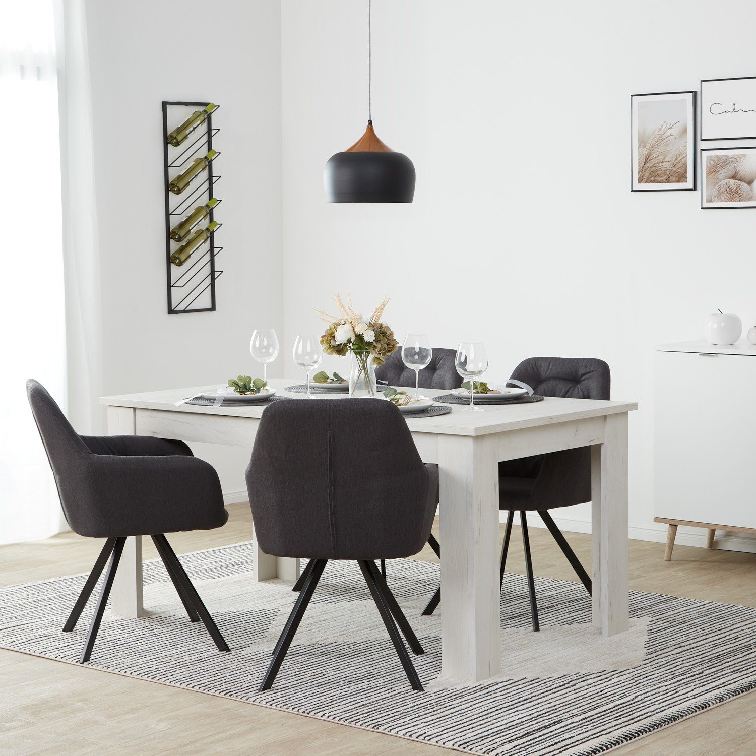 Homestyle4u Essgruppe Esstisch 90x160 bis 90x200 erweiterbar mit 4 Stühle Grau Weiß, (Set, Esszimmergruppe 5 teilig, 5-tlg., Esszimmergruppe 5 teilig, Set/Komplettset), Essstuhl