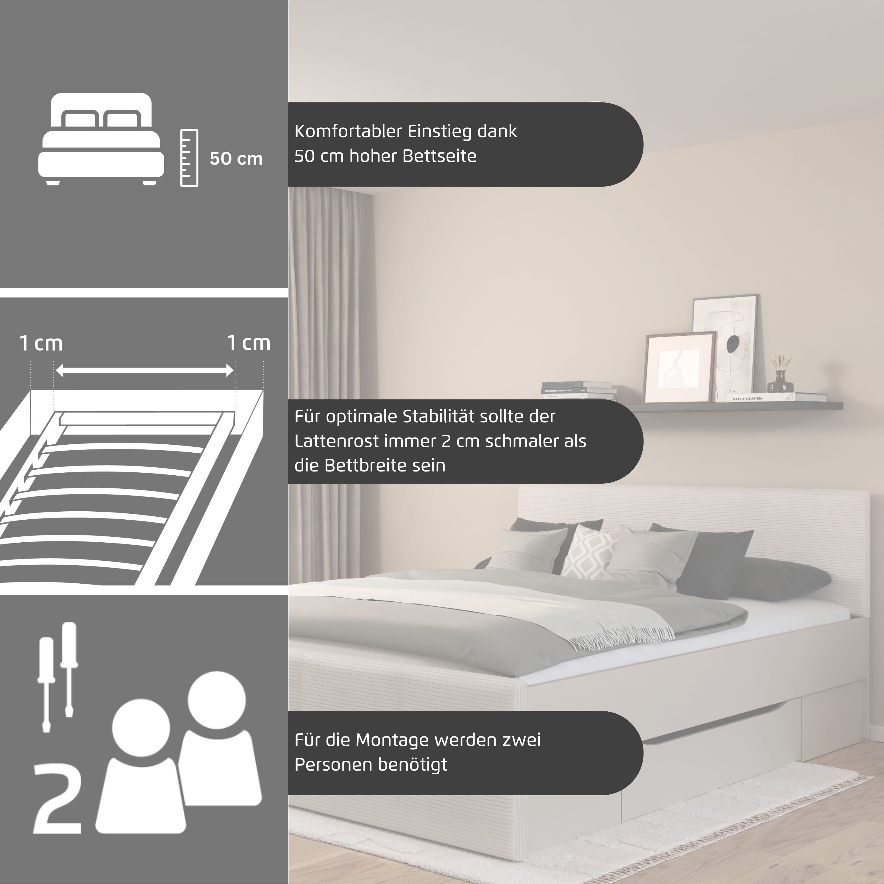 OTTO home Bett Doppelbett Polsterbett Stauraumbett AGORDO (180x200 cm, Kopf- und Fußteil aus Cordstoff oder Webstoff), praktische Bettschubkästen für zusätzlichen Stauraum MADE IN GERMANY