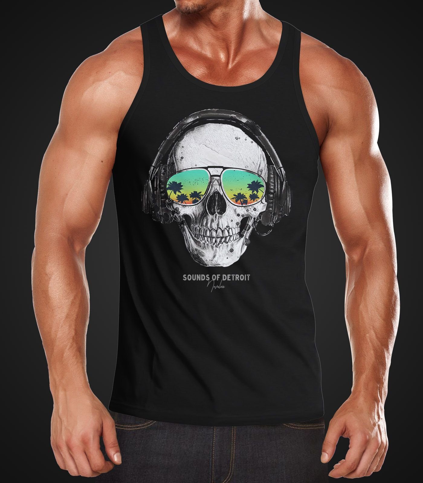 Neverless Tanktop Herren Tank-Top Totenkopf Kopfhörer Musik Party Skull Sonnenbrille mit Print