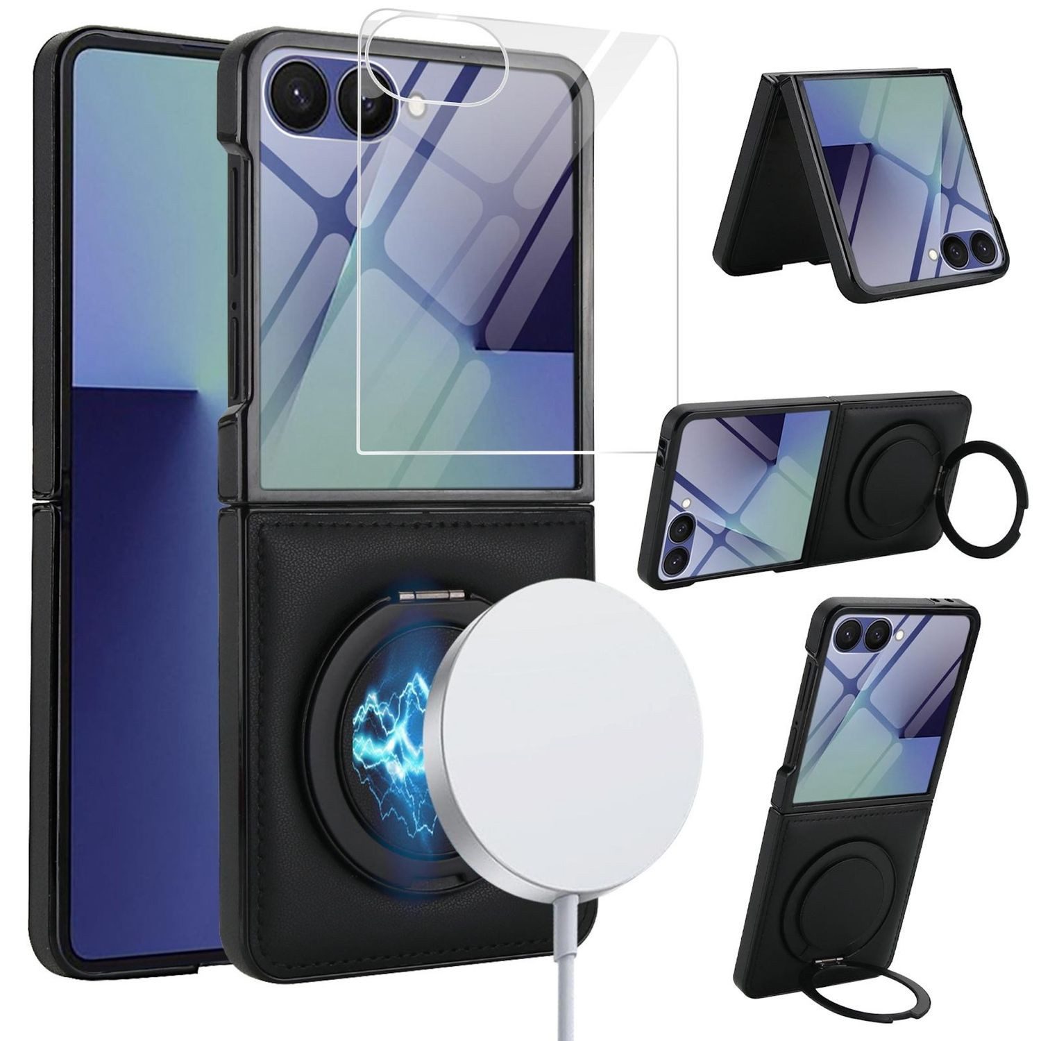 Wigento Handyhülle Für Samsung Galaxy Z Flip7 MagSafe integriertes Glas Hülle Schwarz, Lederhülle mit integriertem Schutzglas, Ringhalter und MagSafe