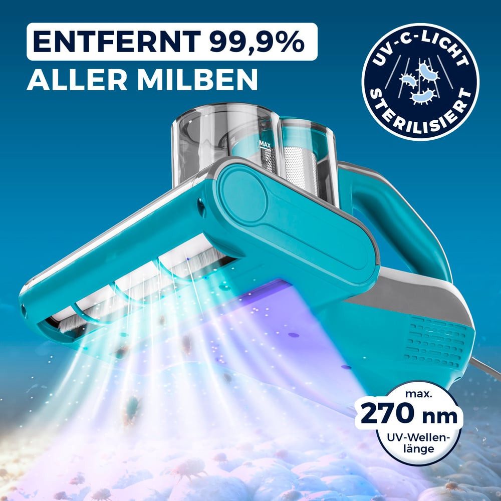 CLEANmaxx Matratzenreinigungsgerät Milbensauger Rotation Power mit UV-C-Licht & HEPA-Filter, 450 W, beutellos, Handstaubsauger für Matratzen, Ultraschall & Wärme