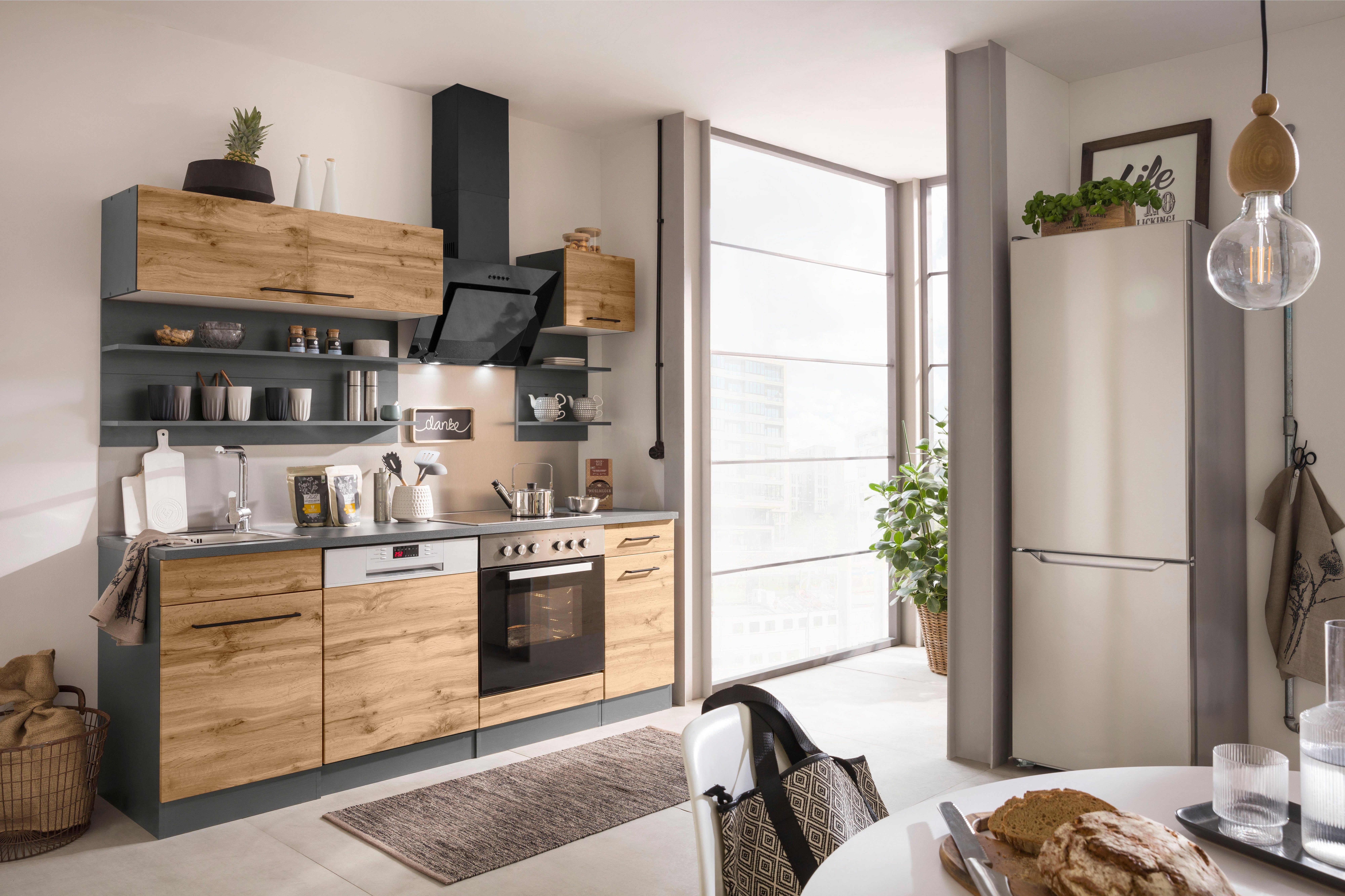 KOCHSTATION Küchenzeile KS-Tulsa, ohne E-Geräte, Breite 210 cm, schwarze Metallgriffe, MDF Fronten