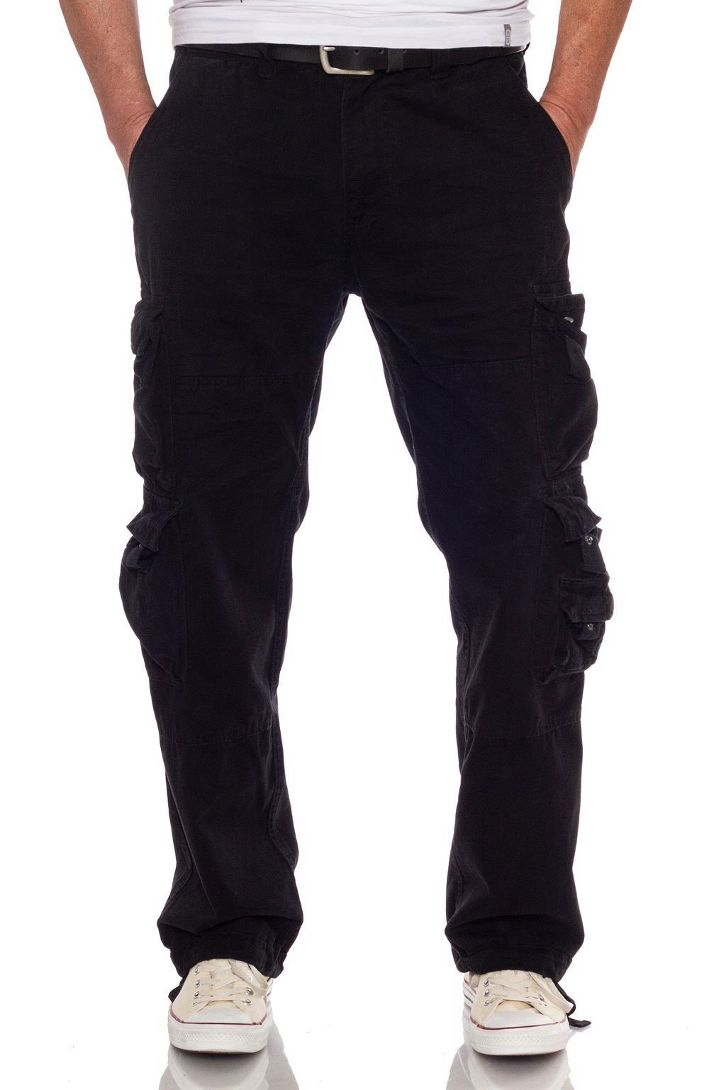 Jet Lag Cargohose Bikerhose mit vielen Taschen Straight Fit Schwarz | Komforthosen