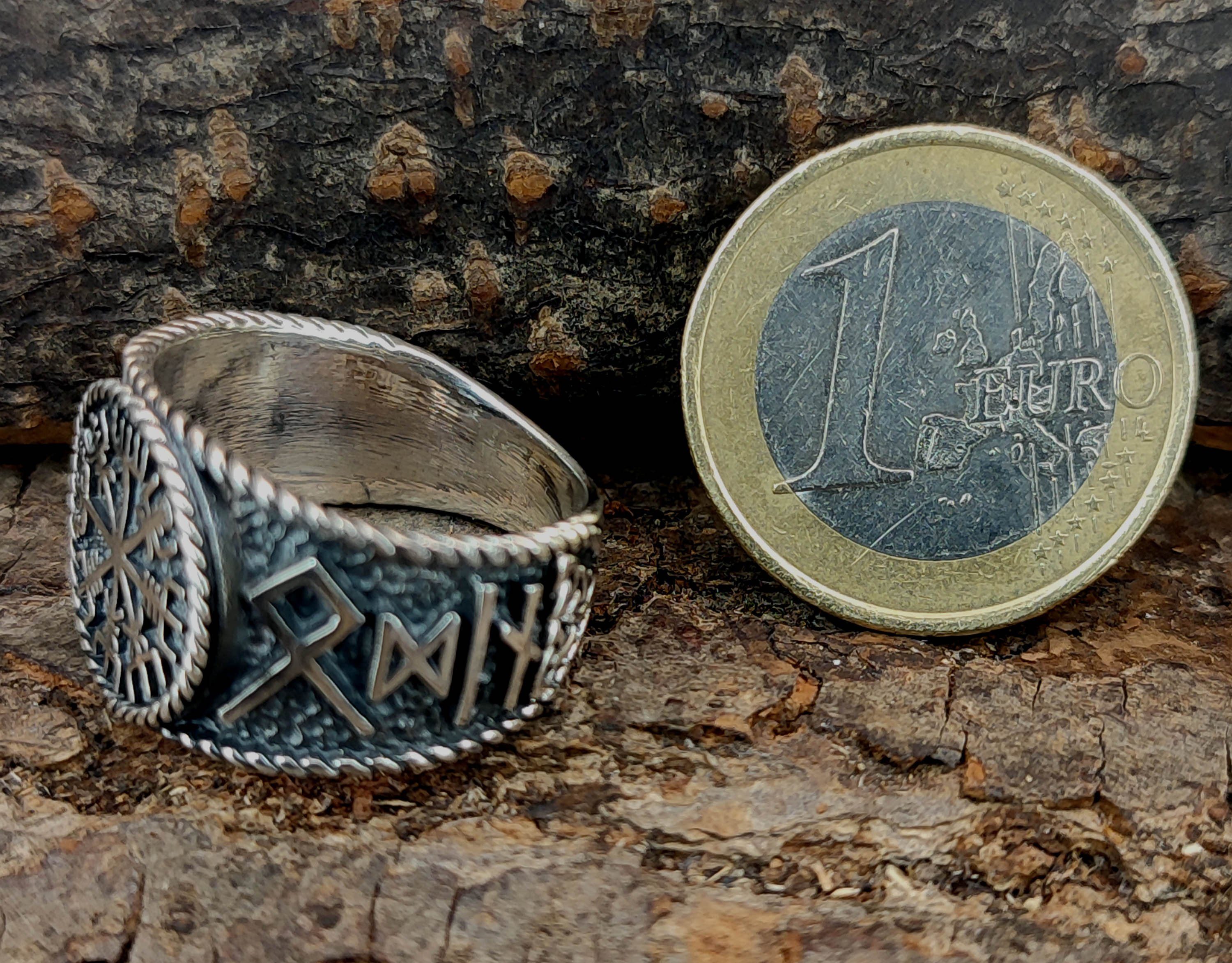 Kiss of Hail Wikingerkompass Ring 54-74 Silberring Leather Runen, Gr. Odin Vegvisir