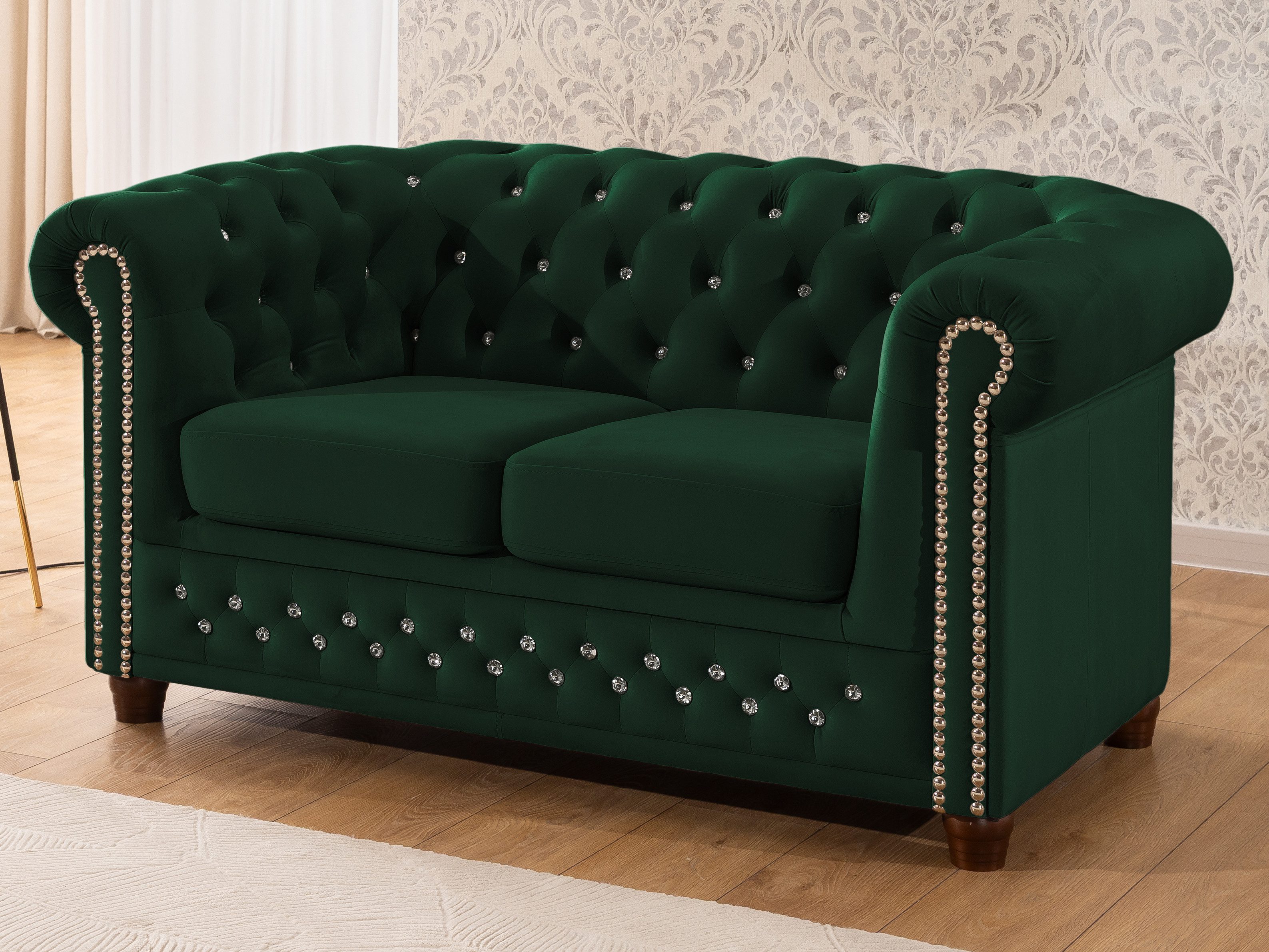 S-Style Möbel Polstergarnitur Chesterfield 3+2+1 Cleo Blink aus Samt mit Kristallsteppung, (1x 3-Sitzer-Sofa, 1x 2-Sitzer-Sofa, 1x Sessel), mit Wellenfederung – Bild 4 von 5
