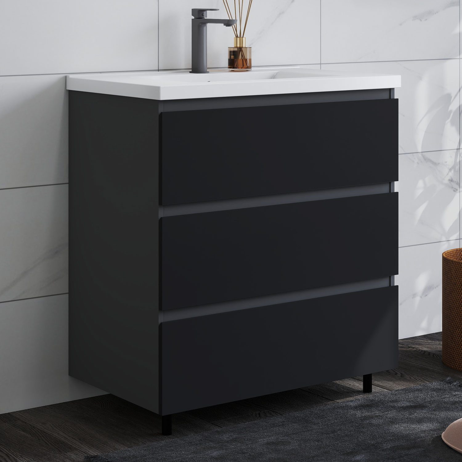 duschspa Waschtisch Badmöbel Set Waschbecken mit Unterschrank Badezimmer Möbel Schrank (Hängeschrank, mit Schrankfüße), 80/100cm breit
