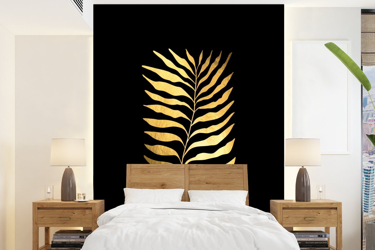 MuchoWow Fototapete Blätter - Gold - Luxus - Natur - Design, Matt, bedruckt, (4 St), Montagefertig Vinyl Tapete für Wohnzimmer, Wandtapete