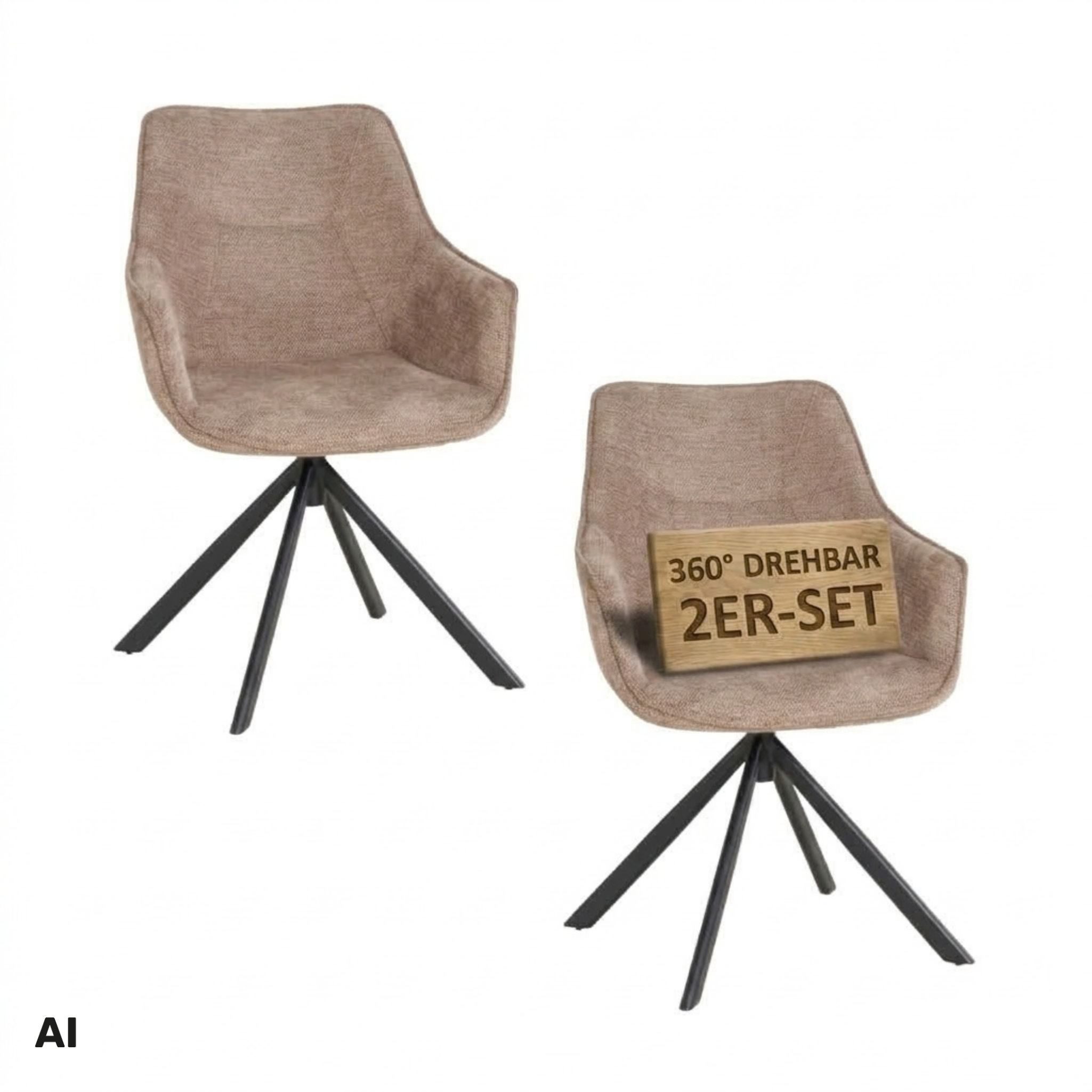 MR.DEKO Esszimmerstuhl Polsterstuhl 2er Set drehbar San Carlo braun Loungesessel mit Lehne (Armlehnenstuhl, 2 St), 360° Drehfunktion, robustes Metallgestell & strukturierter Stoff