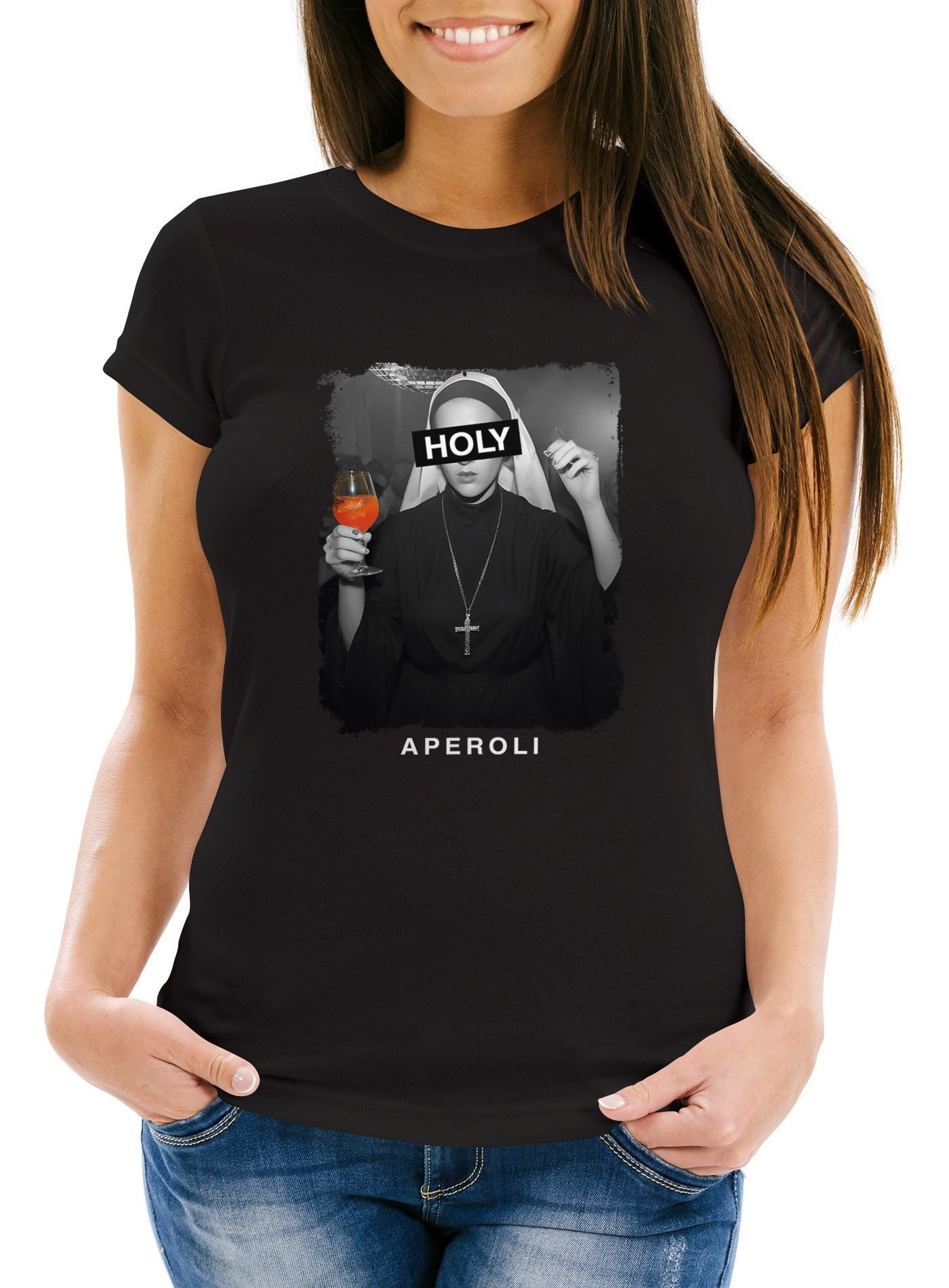 Print-Shirt Damen T-Shirt Holy Aperoli Nonne Spruch Fotomontage Lustig Geschenk