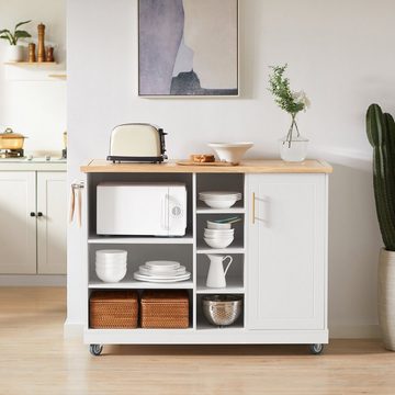 SoBuy Küchenwagen FKW105, Kücheninsel Küchenschrank Sideboard Mikrowellenschrank Weiß-Natur