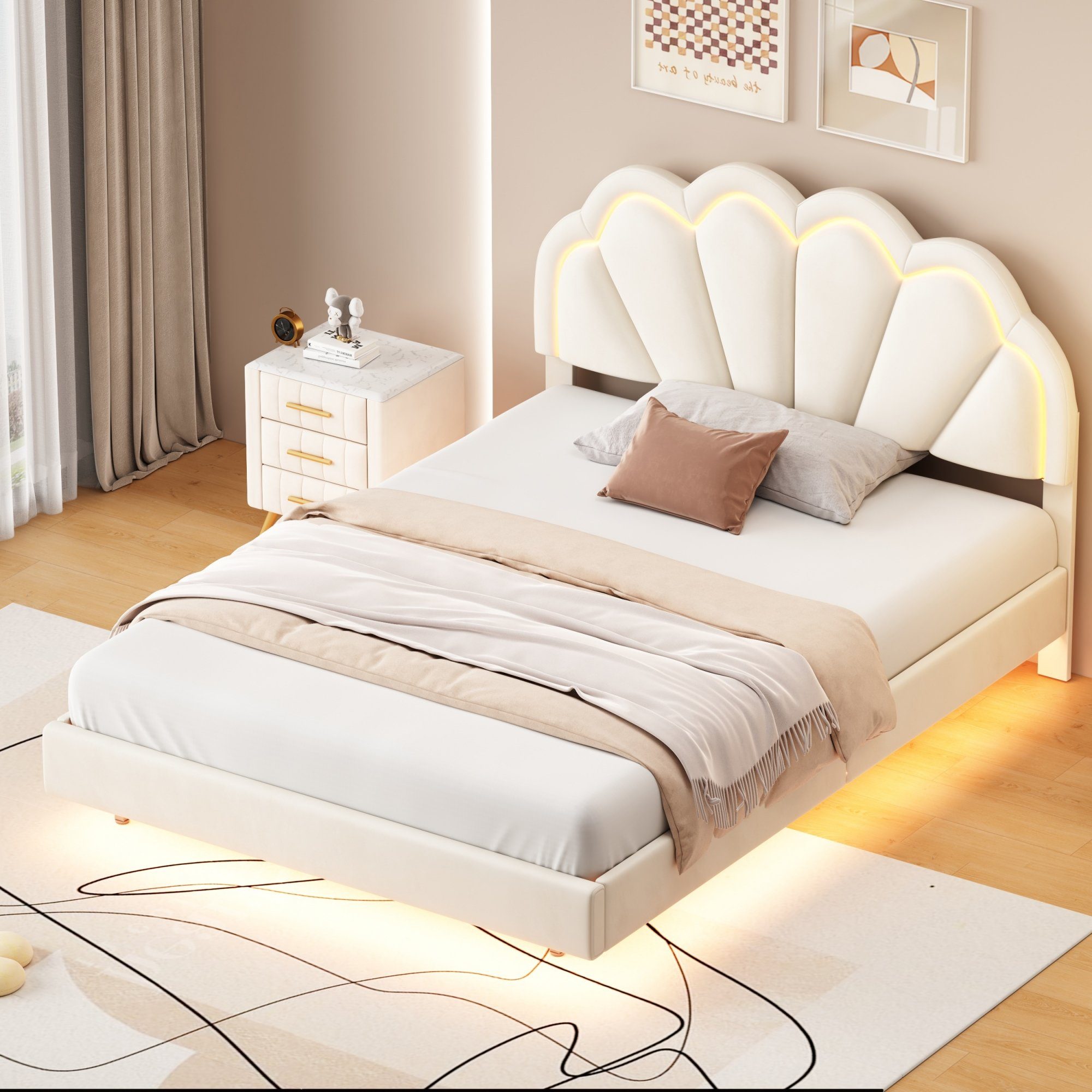 Beleuchtung Schwebebett Muschel beige Flieks 140x200cm Kopfteil LED Polsterbett, Doppelbett Samt