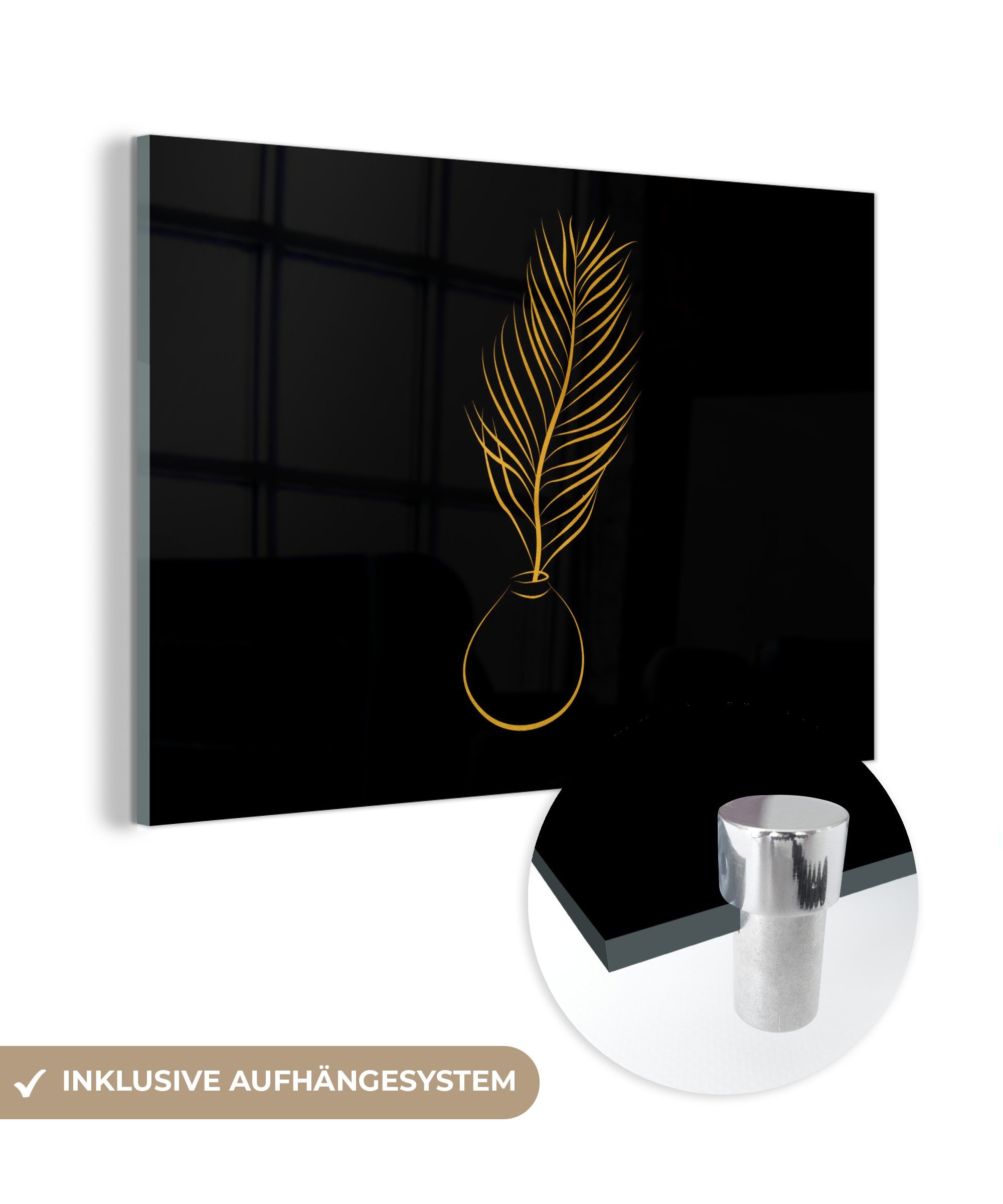 MuchoWow Acrylglasbild Topf - Pflanze - Gold - Linienkunst, (1 St), Glasbilder - Bilder auf Glas Wandbild - Foto auf Glas - Wanddekoration