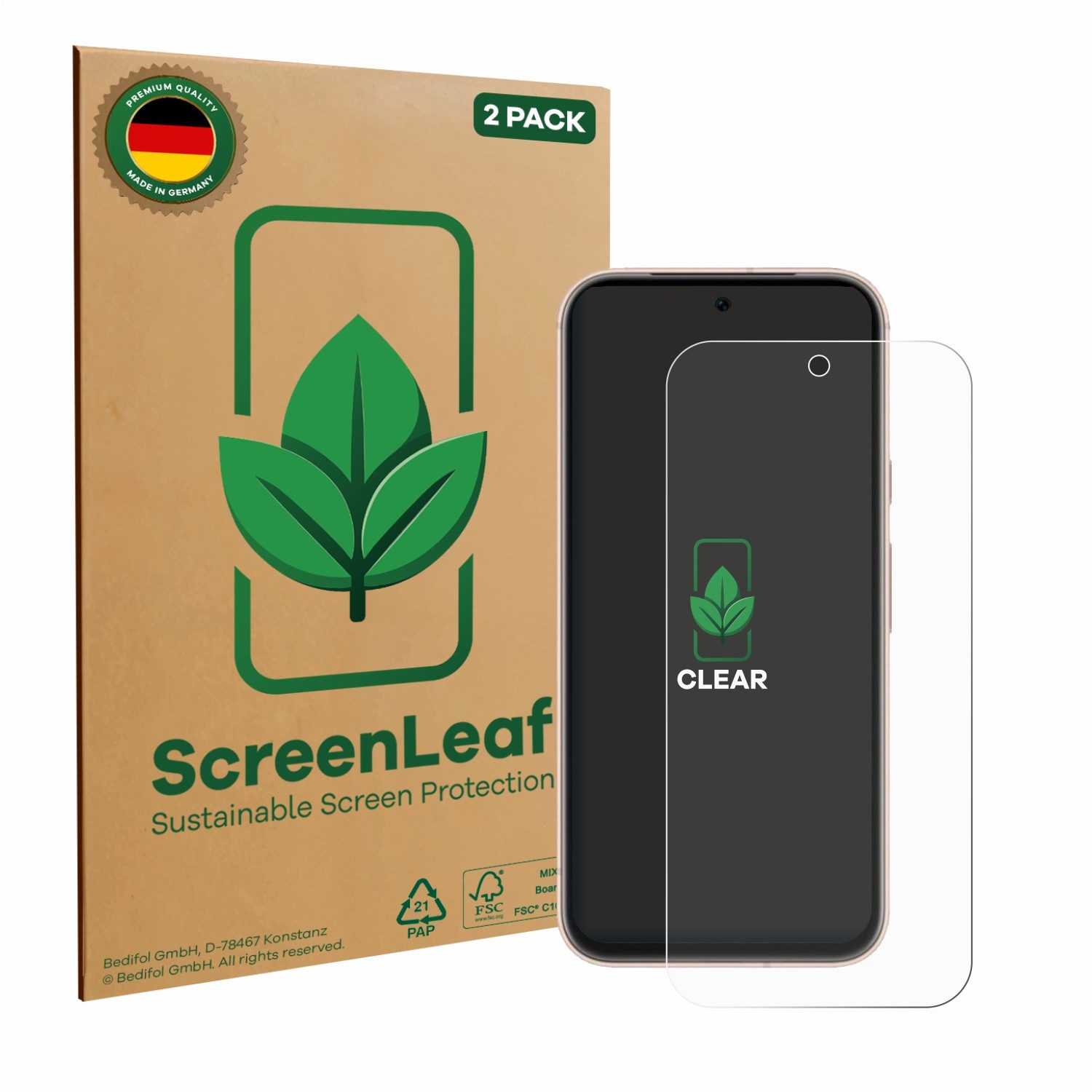 ScreenLeaf Displayschutzfolie Schutzfolie für Google Pixel 8a, 2 Stück, nachhaltiger Displayschutz Schutz Folie Klar Transparent