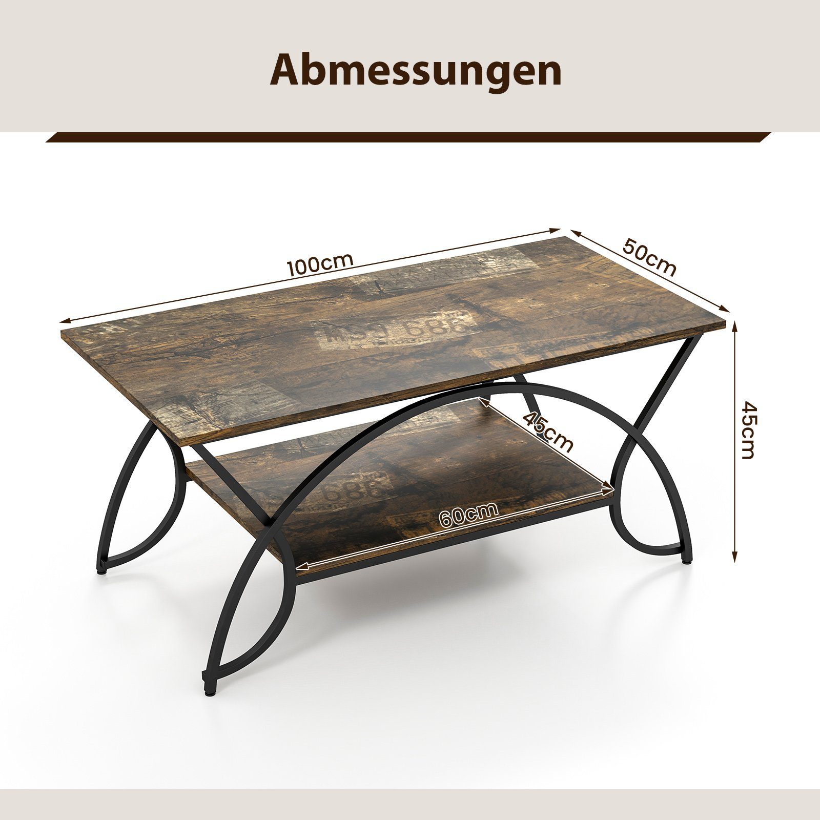 Marmor, Ablage Metallbeinen, & 100x50x45cm mit COSTWAY Couchtisch Braun goldenem