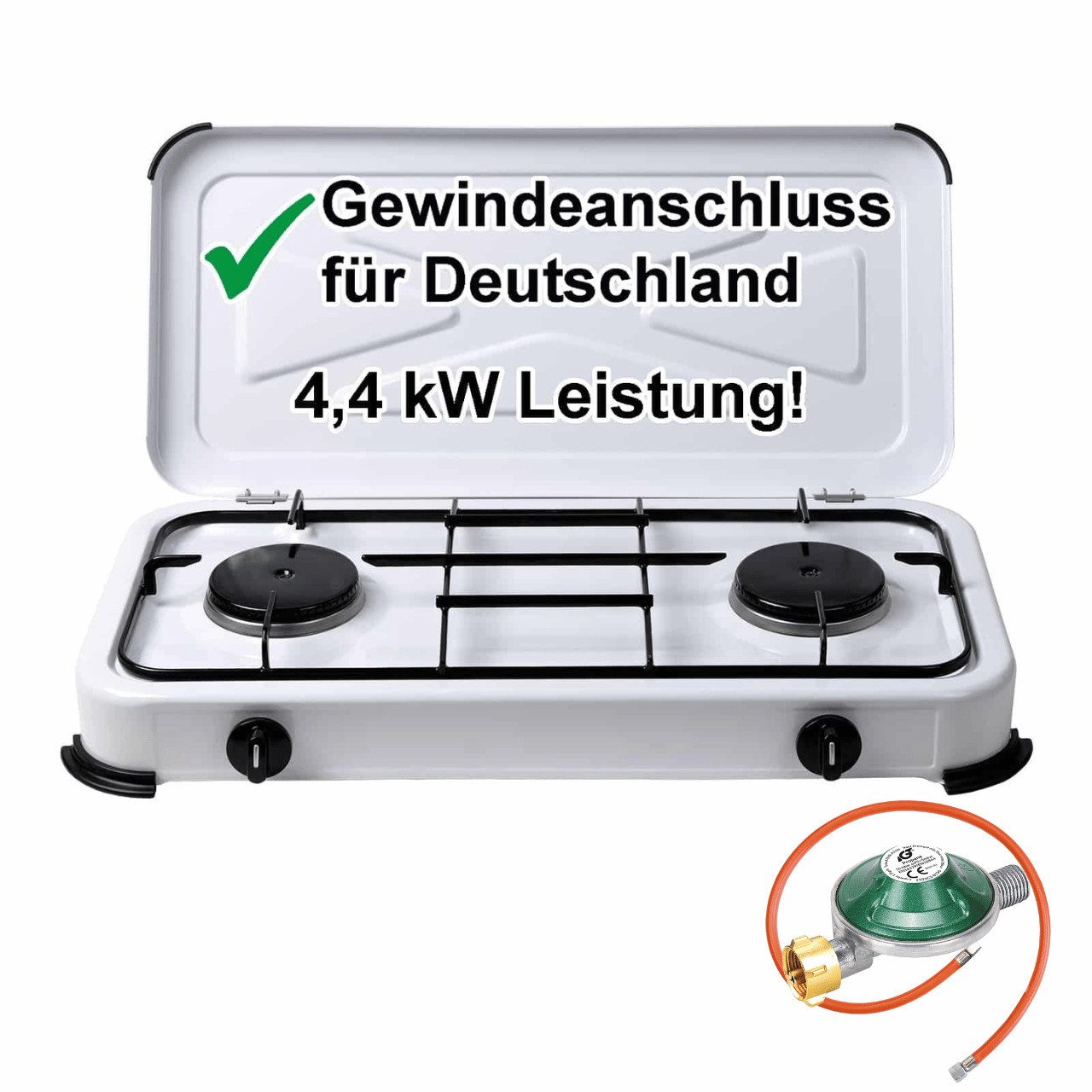BlueCraft Gaskocher 2 flammig 50mbar Propan Gas Campingkocher 4,4 kW Gas-Kochfeld Gasherd, (mit Schlauch 100 cm und Gas Regler Druckminderer), Camping Gas Kocher 2 flammen für Gasflasche