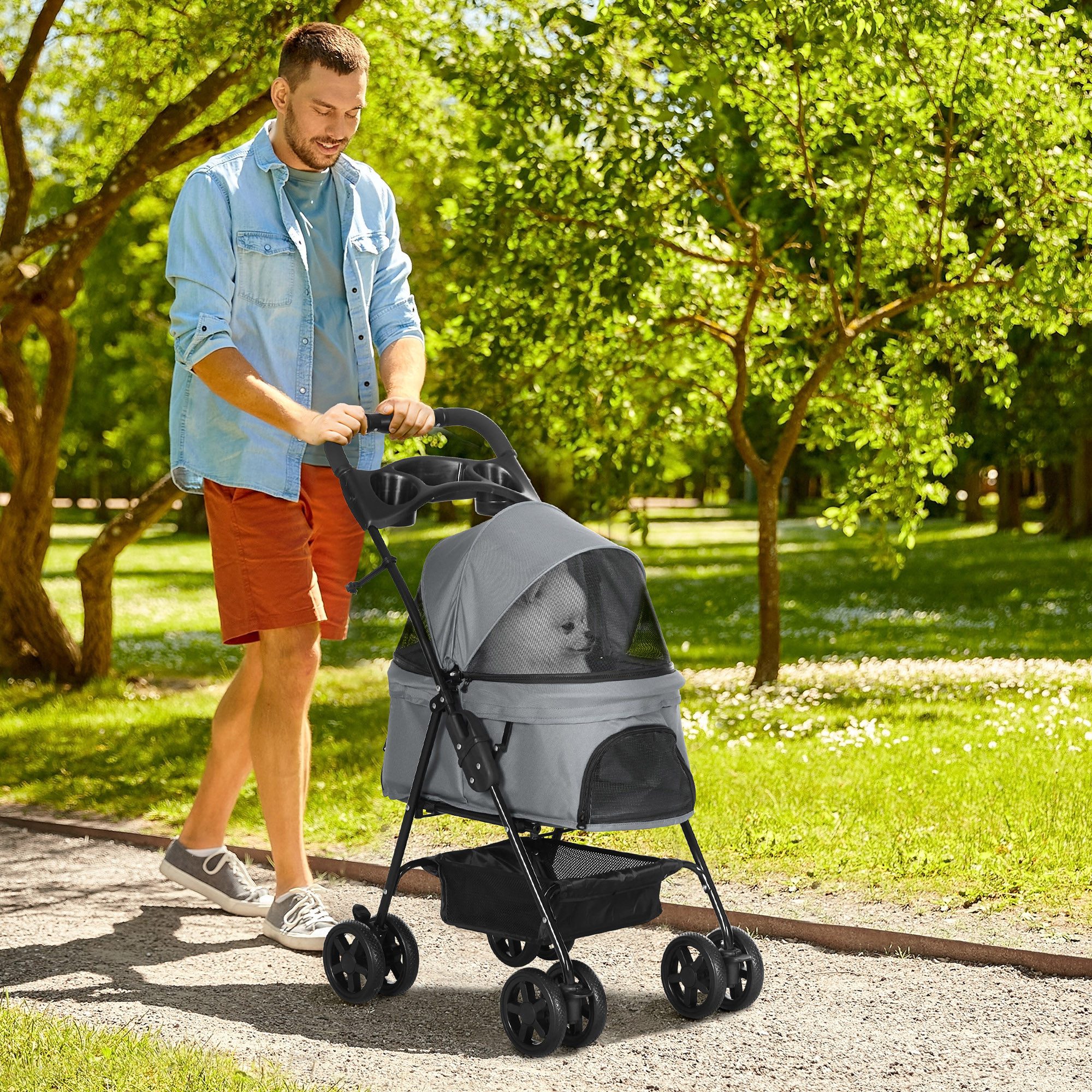 PawHut Hundebuggy Hundewagen klappbar bis 4 kg Katzenbuggy mit Netzfenster, (Haustierwagen, 1-tlg), für kleine Hunde und Katzen, Oxford Grau 67 x 45 x 96 cm