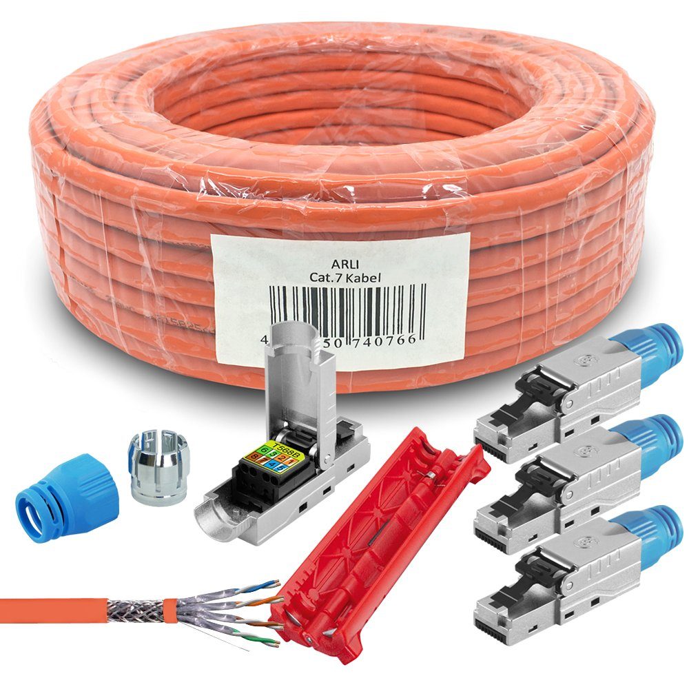 ARLI Installationskabel, RJ45, RJ-45 (Ethernet) (10000 cm), Verlegekabel Cat7 100m Kabel + 4x RJ45 Netzwerkstecker CAT8.1