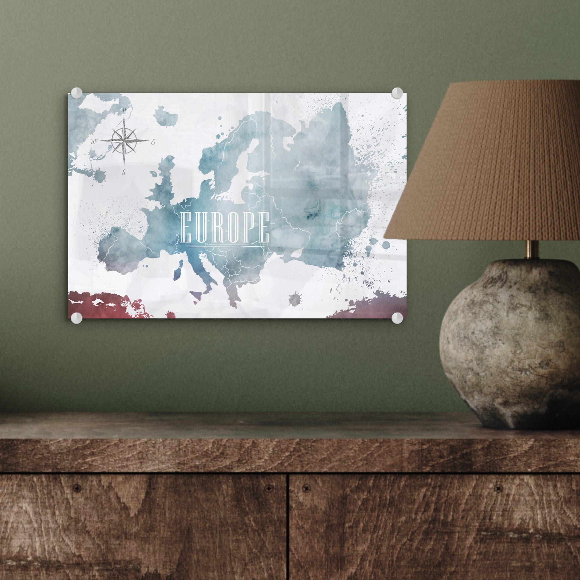 Karte Ölfarbe, Bilder MuchoWow Glas - auf St), - auf Foto Acrylglasbild Glas Europa Glasbilder - - Wanddekoration (1 Wandbild -