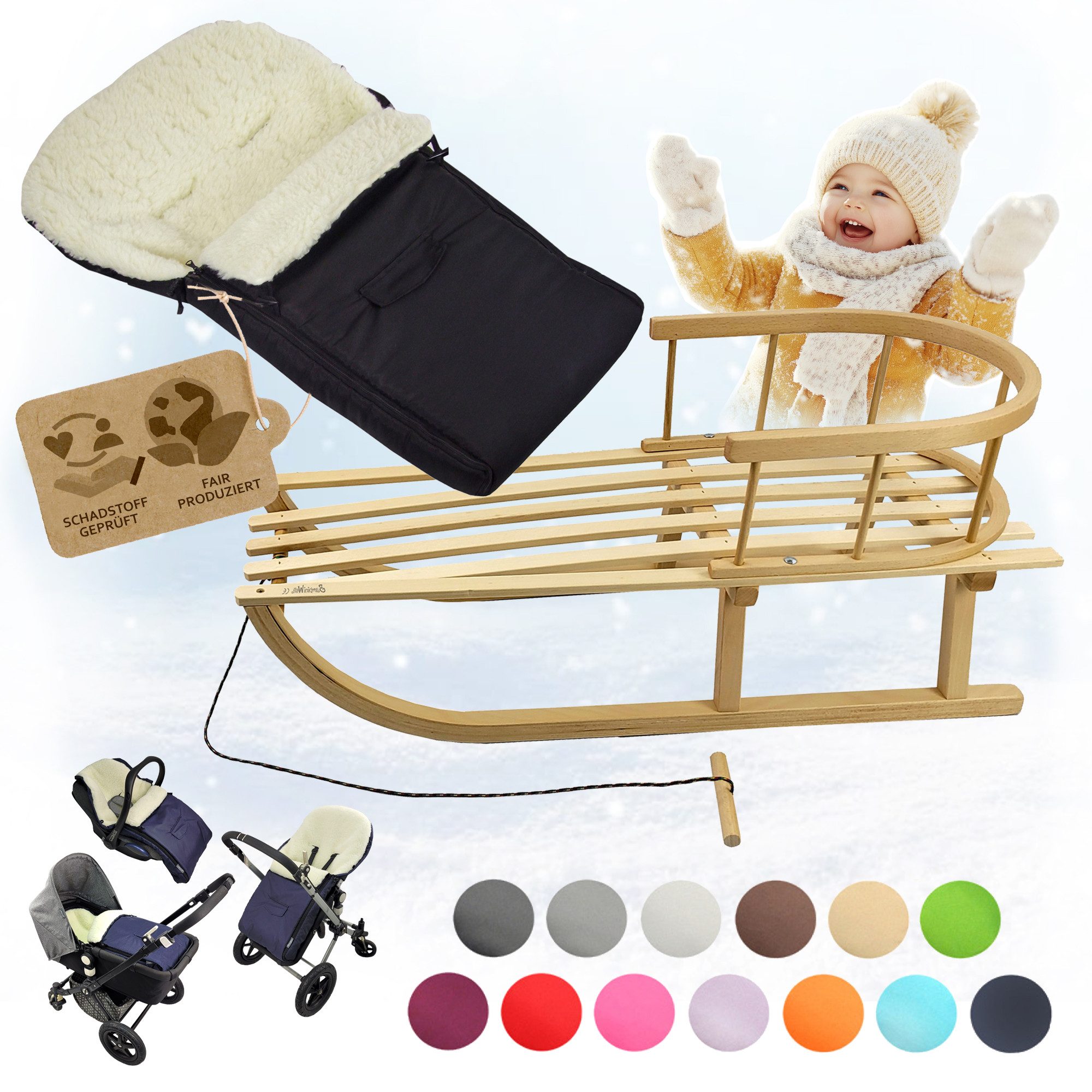 BambiniWelt by Rafael K. Schlitten CE-HOLZSCHLITTEN mit Rückenlehne Zugleine + WINTERFUßSACK Wolle 90cm, Kombi-Angebot