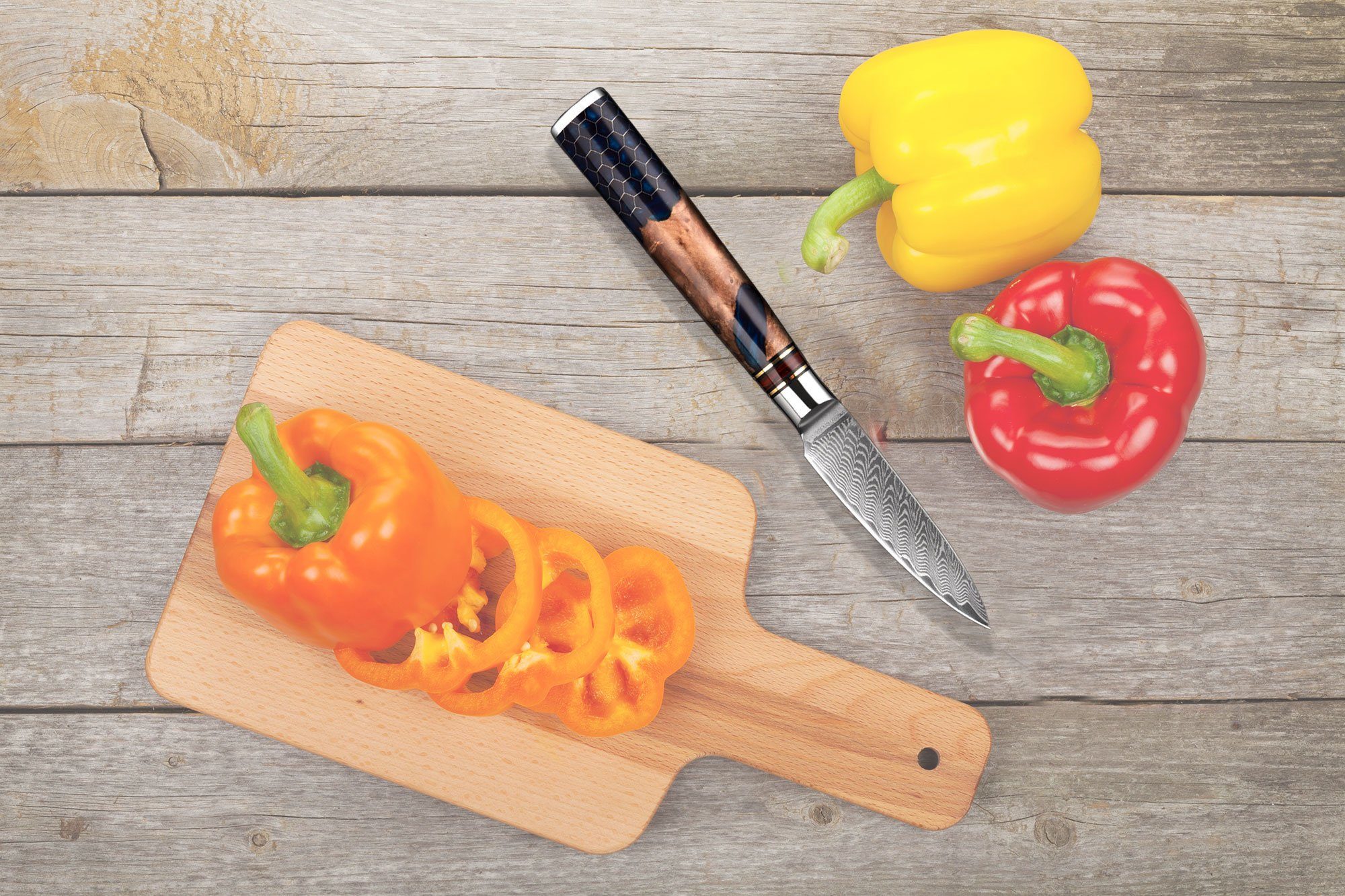 2-tlg. Unikate mit Set verschiedenartigem Koch und ein Unikat Farbholz, Muxel Allzweckmesser Jedes Messer Obstmesser