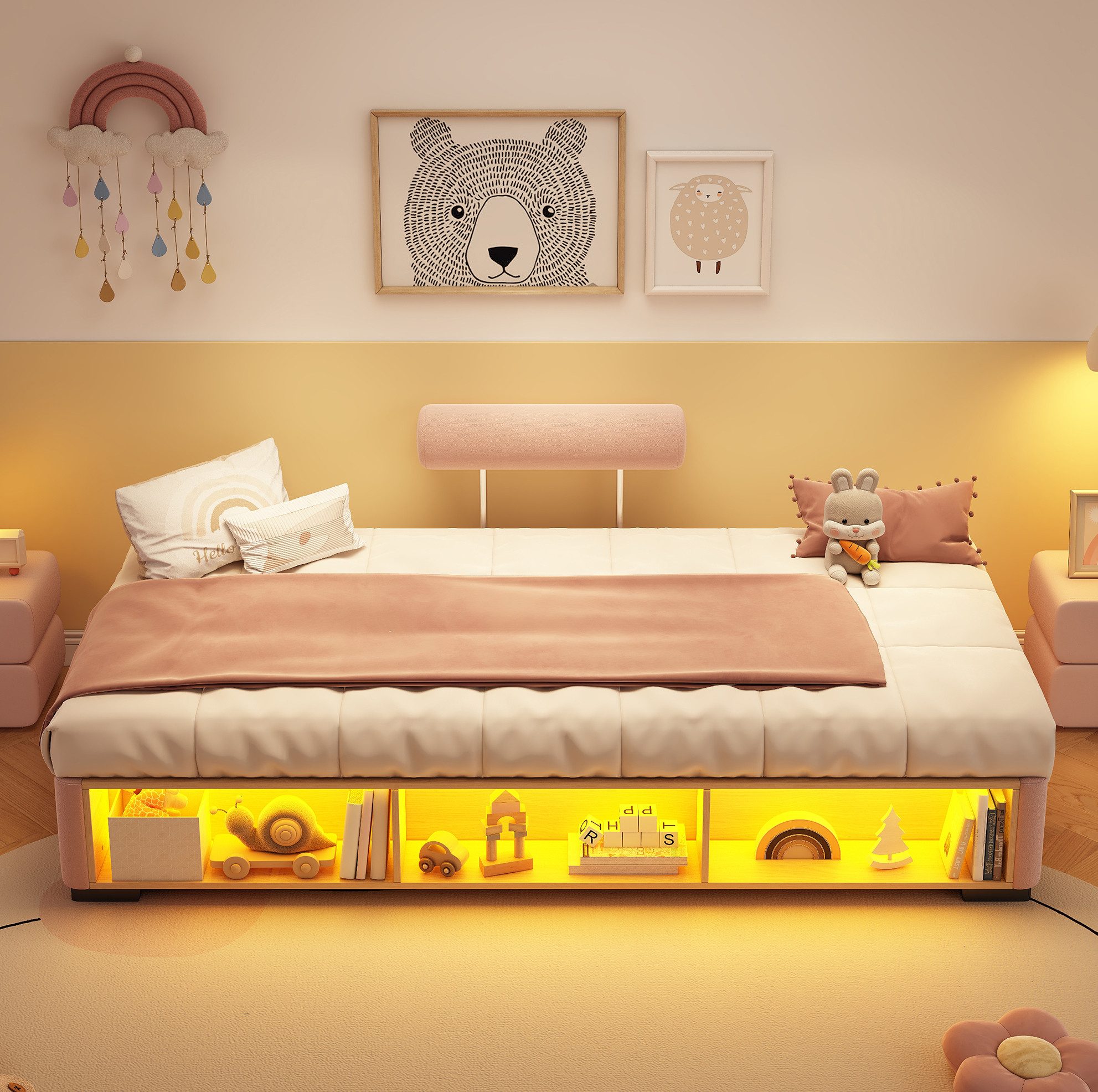 REDOM Polsterbett offenem Stauraum und 3-seitig flexibler Kopfstütze, Kinderbett (mit LED-Regal, Jugendbett, Stauraumbett 90x200 cm), Inklusive Matratze