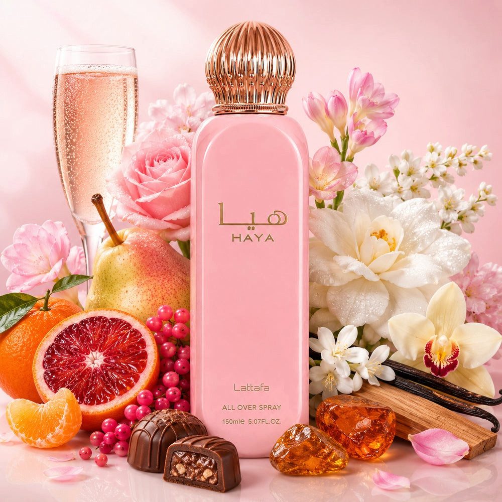 Lattafa Duft-Set HAYA Pink All Over Spray 150 ml + Parfümzerstäuber (leer) Set
