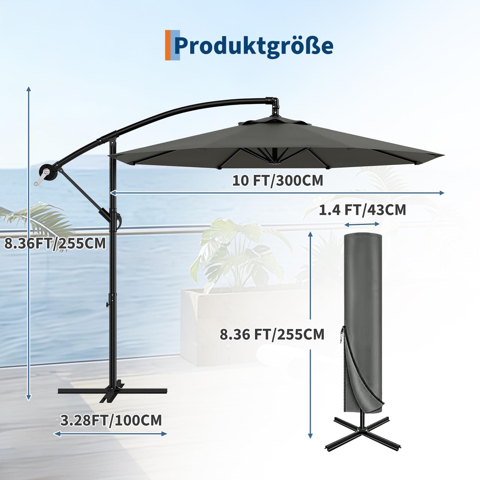 GarveeMore Sonnenschirm 300cm Ampelschirm 360° drehbar Gartenschirm mit Kurbel UV-Schutz 50+, Wasserabweisender Gartenschirm mit Schutzhülle und Ständer für Balkon