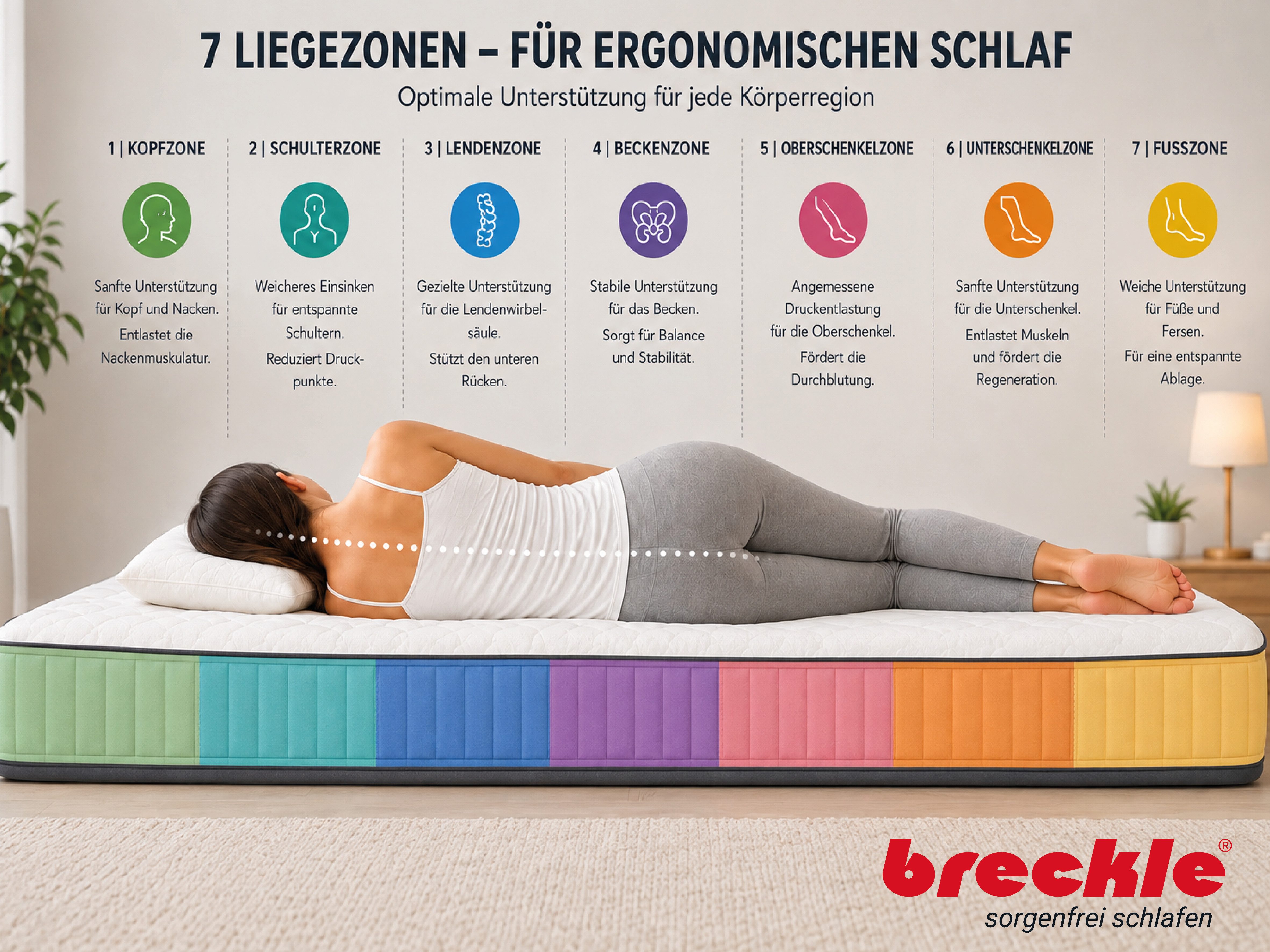 Taschenfederkernmatratze 1000 Pur, 7 Zonen Matratze 90x200 cm, 140x200 cm & weitere Größen, Breckle, 25 cm hoch, Matratze H2/H3/H4, ergonomisch, atmungsaktiv – Bild 5 von 5