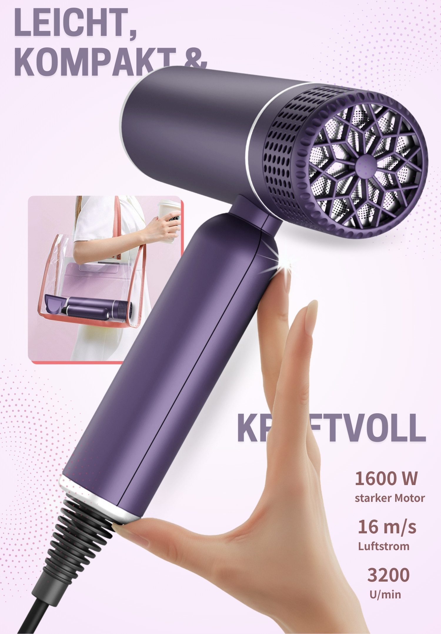 MCURO Ionic-Haartrockner Kompakter Ionen Föhn mit Tasche, 1600 W, Konzentrator Düse & Diffusor-Option, Haartrockner leicht & kompakt, für Reise, Fitness oder Büro