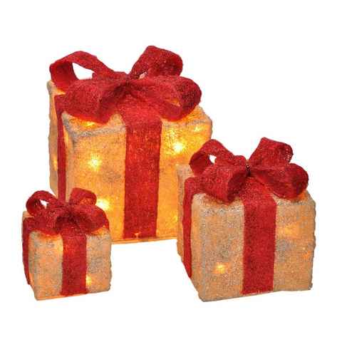 Spetebo LED Dekoobjekt LED Geschenkboxen mit Timer 3er Set - rot, Timerfunktion, LED fest verbaut, warm weiß, Weihnachts Deko Boxen warm weiß beleuchtet