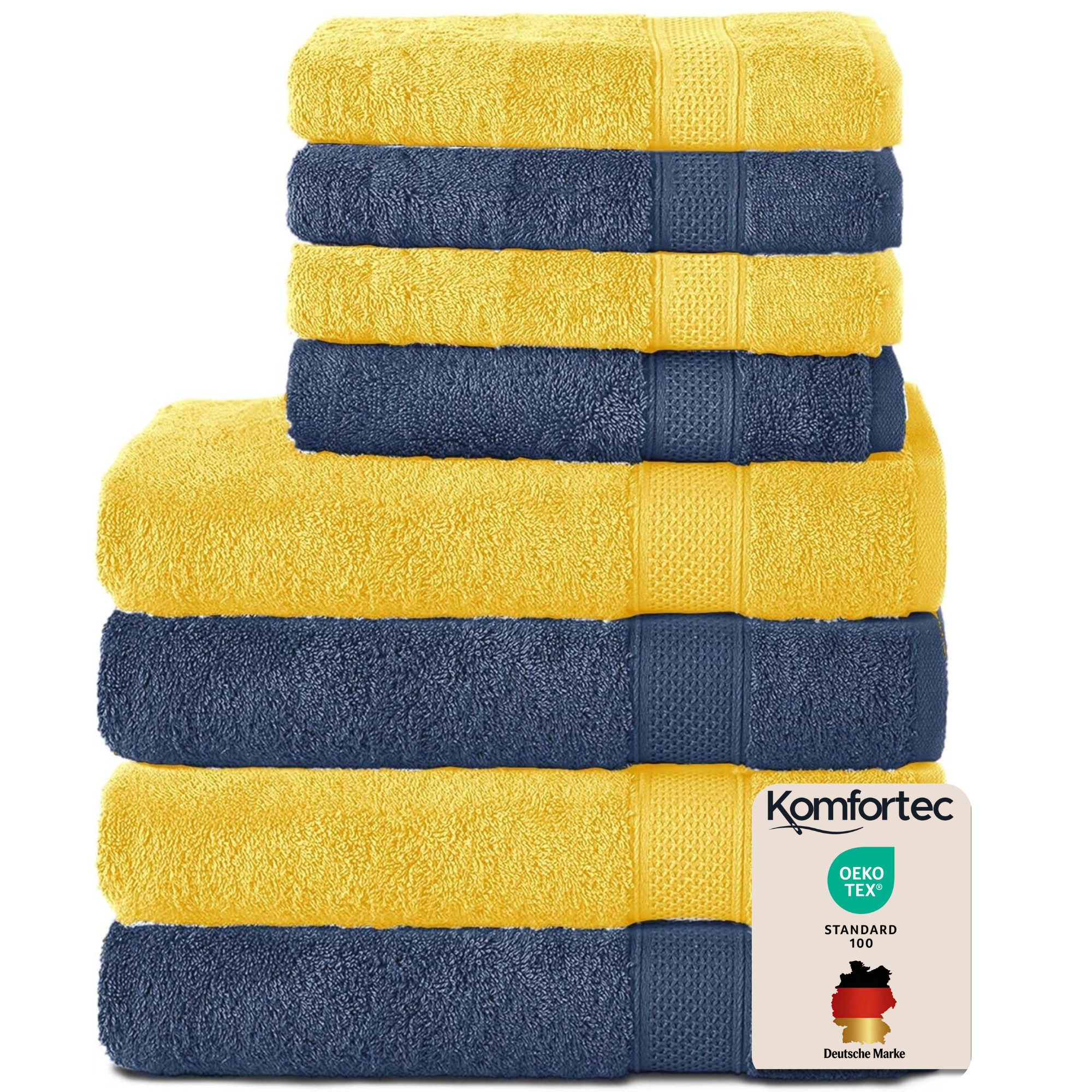 Komfortec Handtuch Set aus 100% Baumwolle, NavyblauGelb