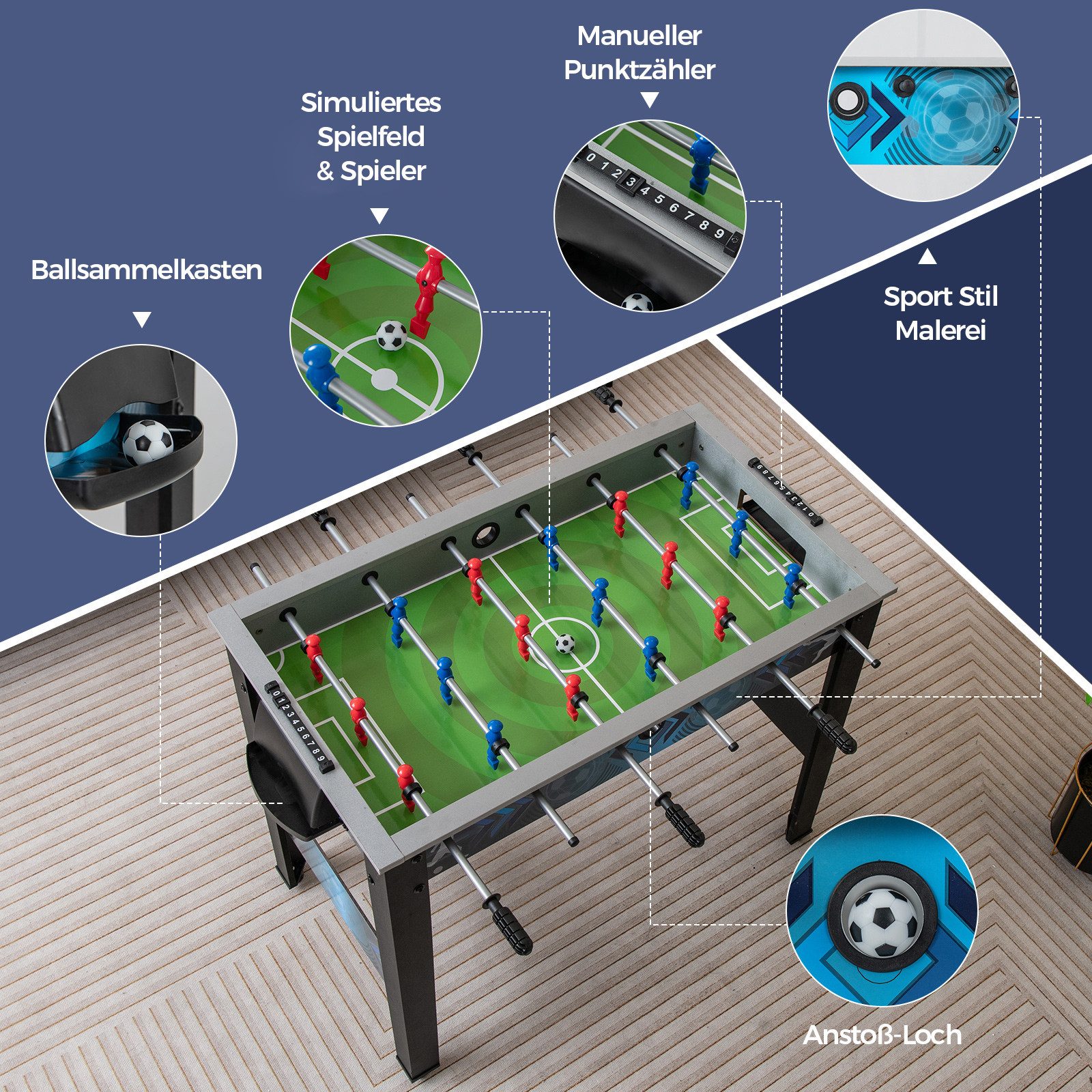COSTWAY Kickertisch (1-tlg), für Kinder, aus Holz, mit 2 Fußbällen & 18 Spielern