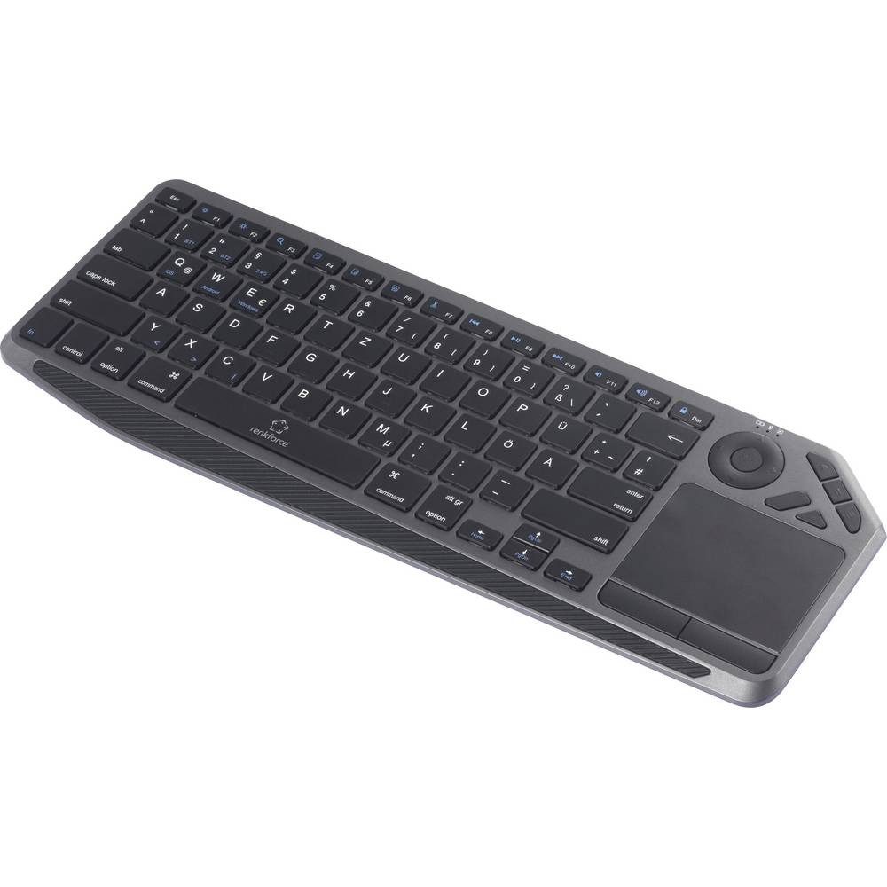 Renkforce RF-WLBTKB-300 Bluetooth®, Funk Tastatur Deutsch, QWERTZ Schwarz Tastatur (Integriertes Touchpad, Wiederaufladbar, Multipair-Funktion)