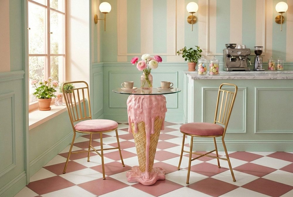 riess-ambiente Bistrotisch ICE CREAM 75cm beige/rosa - Glas, Eiswaffel, handgemacht, rund, modern (Einzelartikel, 1-St), Pop-Art Cafétisch - ideal für Küche, Essbereich od. kleine Sitznischen