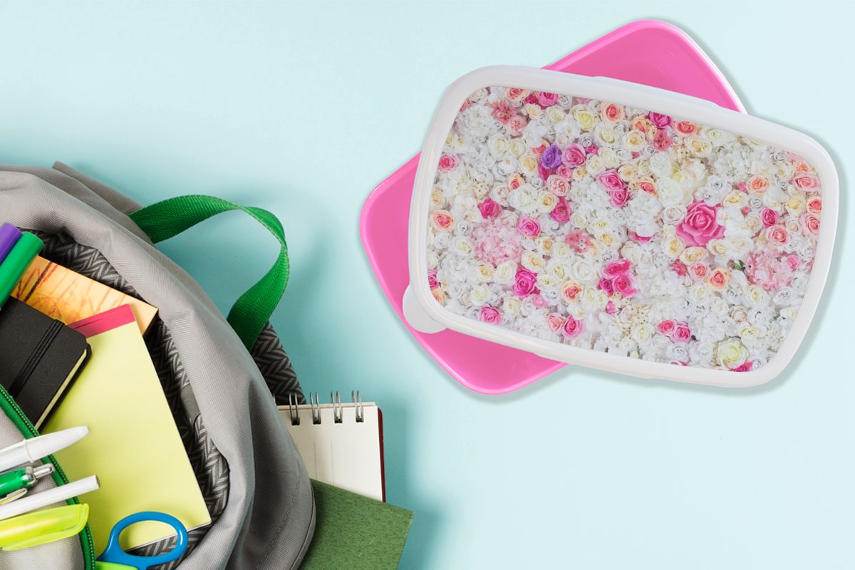 für Rosen - - Kunststoff Brotdose rosa Kinder, Mädchen, Blume Lunchbox Snackbox, Erwachsene, Brotbox (2-tlg), Kunststoff, MuchoWow Farben,