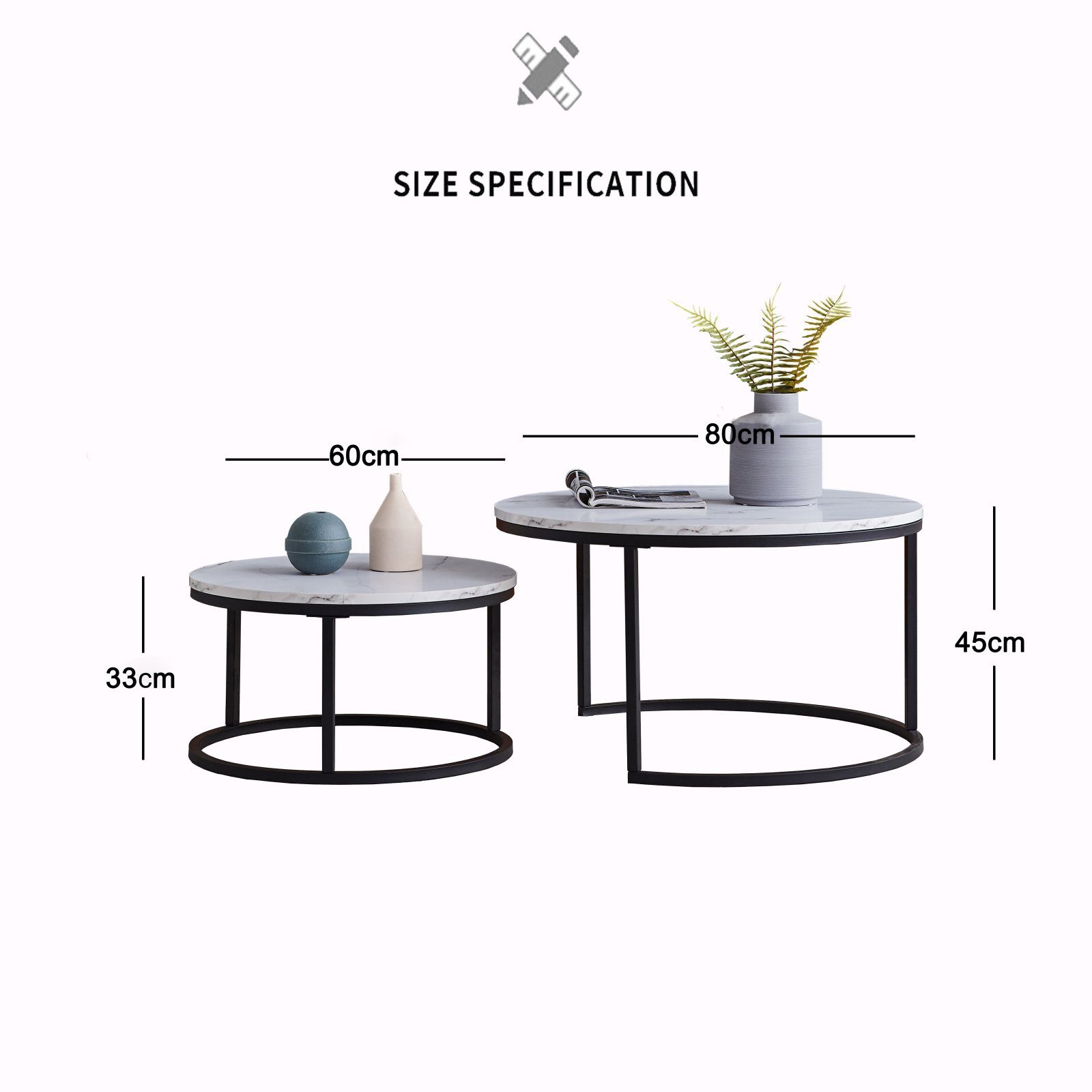 Glänzende mit Metallbodenrahmen runde Familienmöbel & oben,Gold/Schwarz SEEZSSA 2 Hölzerne Tisch-Sets Oberfläche, Holz mit Couchtisch