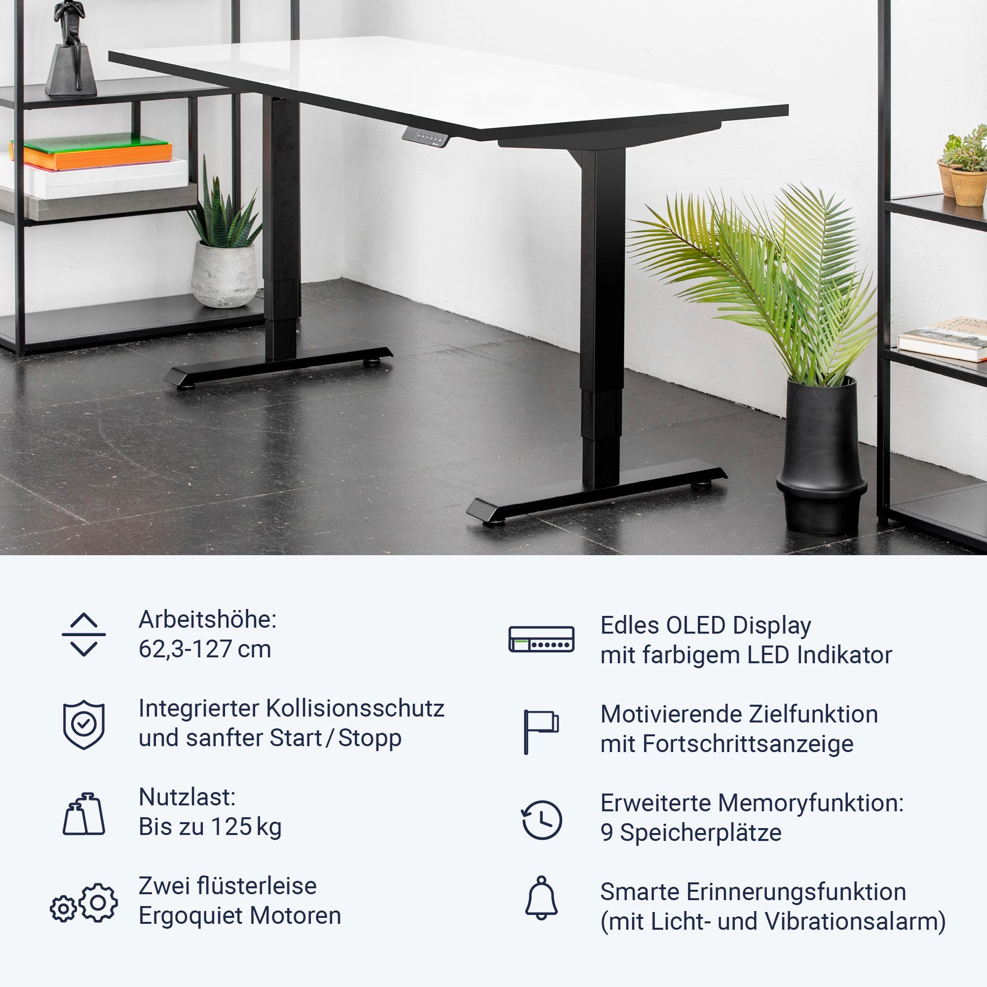 Ergotopia Schreibtisch Desktopia Draw (höhenverstellbarer Schreibtisch mit Whiteboard Platte, Beschreibbarer Schreibtisch höhenverstellbar), mit OLED Display & Smarter Erinnerungsfunktion