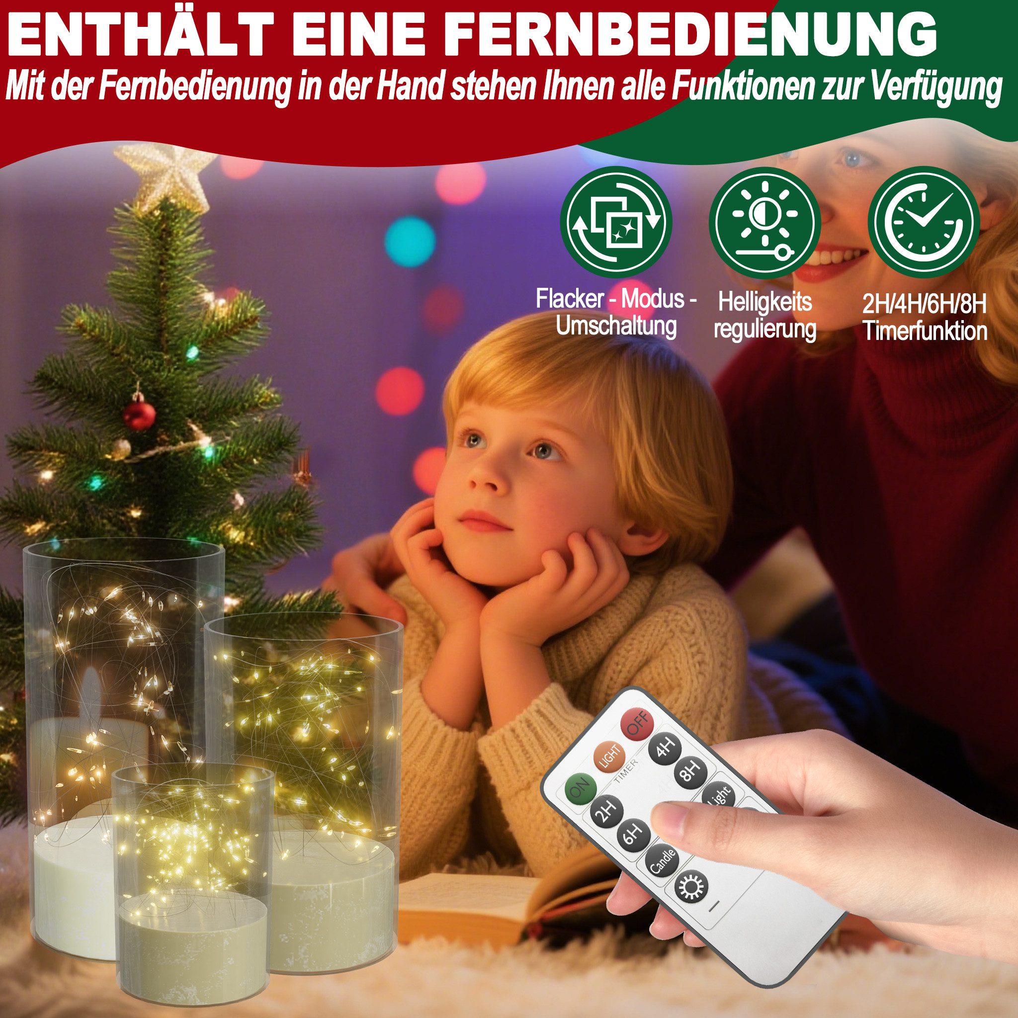 FIVMEN LED-Kerze 3 Stück LED Kerzen Flackernde mit Eingelassener Lichterkette