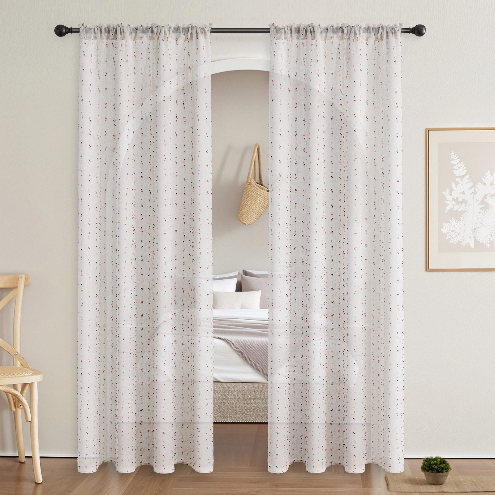 Rosnek Gardine Voile Gardinen weiß mit Pompoms & Punkten, lichtdurchlässig, 2er Set, mit Kräuselband, für Kinderzimmer/Babyzimmer